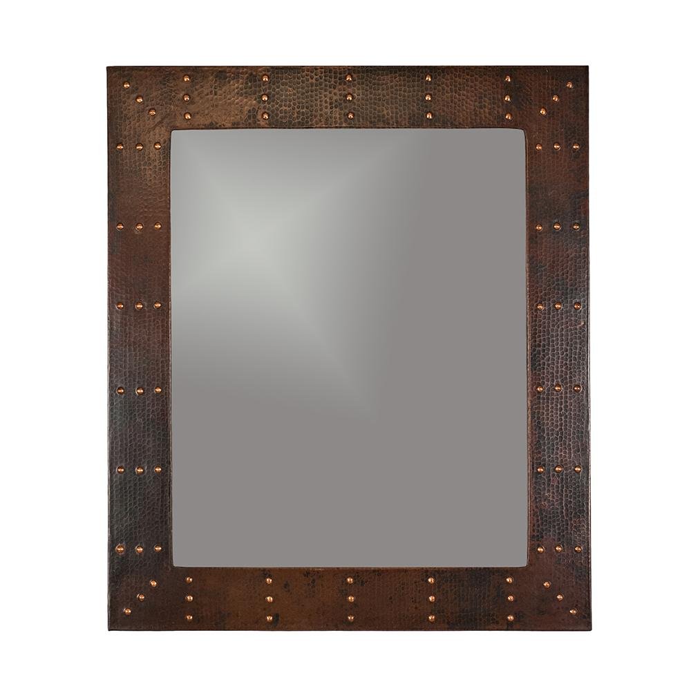 36" Rectangle Hammered Copper Mirror with Rivet Embellishments hung vertically 