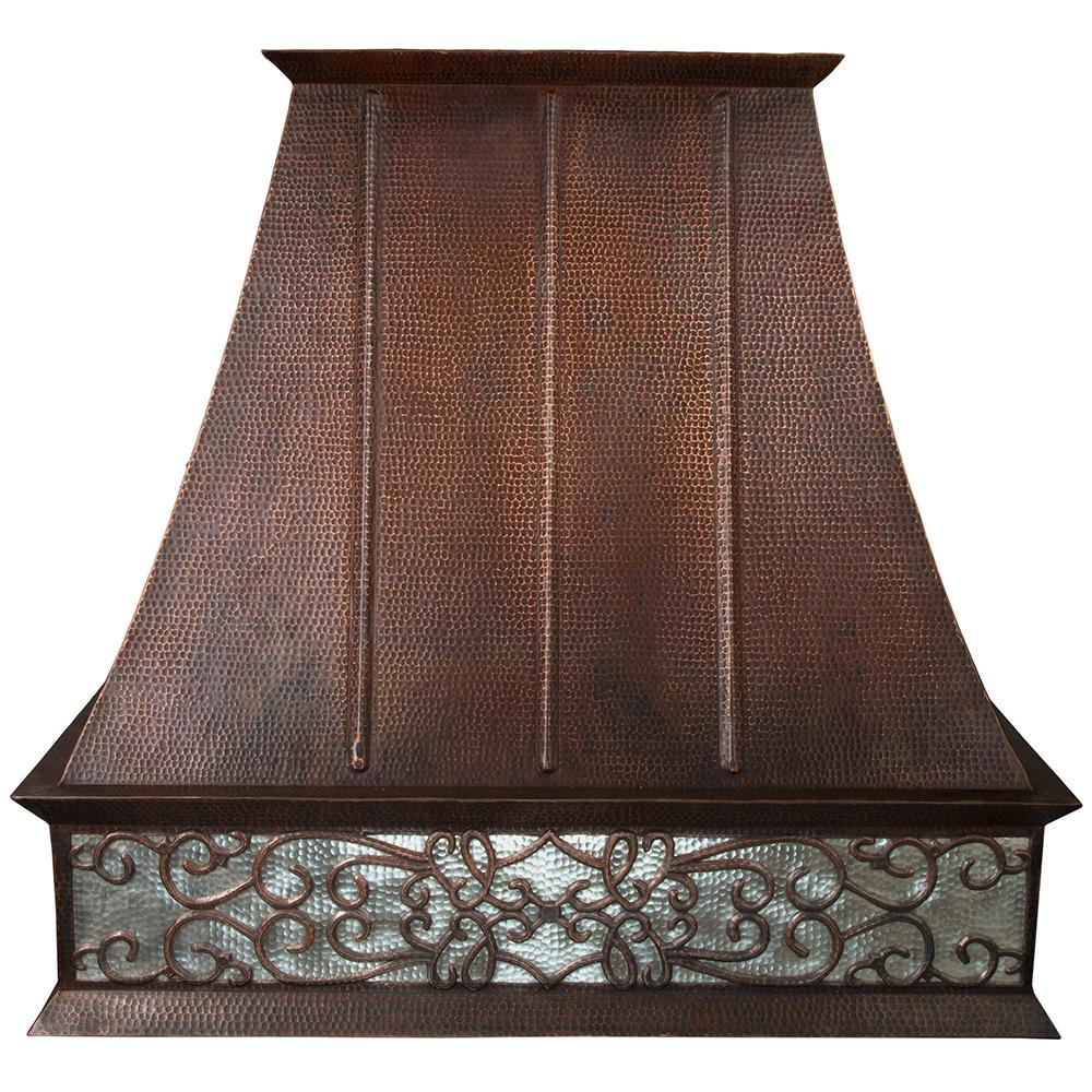 Premier Copper 38 in. Euro Wall Mounted Range Hood with Nickel Background Scroll Design in Hammered Copper