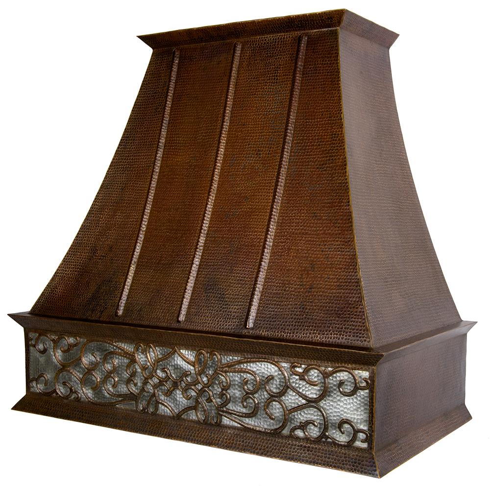 Premier Copper 38 in. Euro Wall Mounted Range Hood with Nickel Background Scroll Design in Hammered Copper