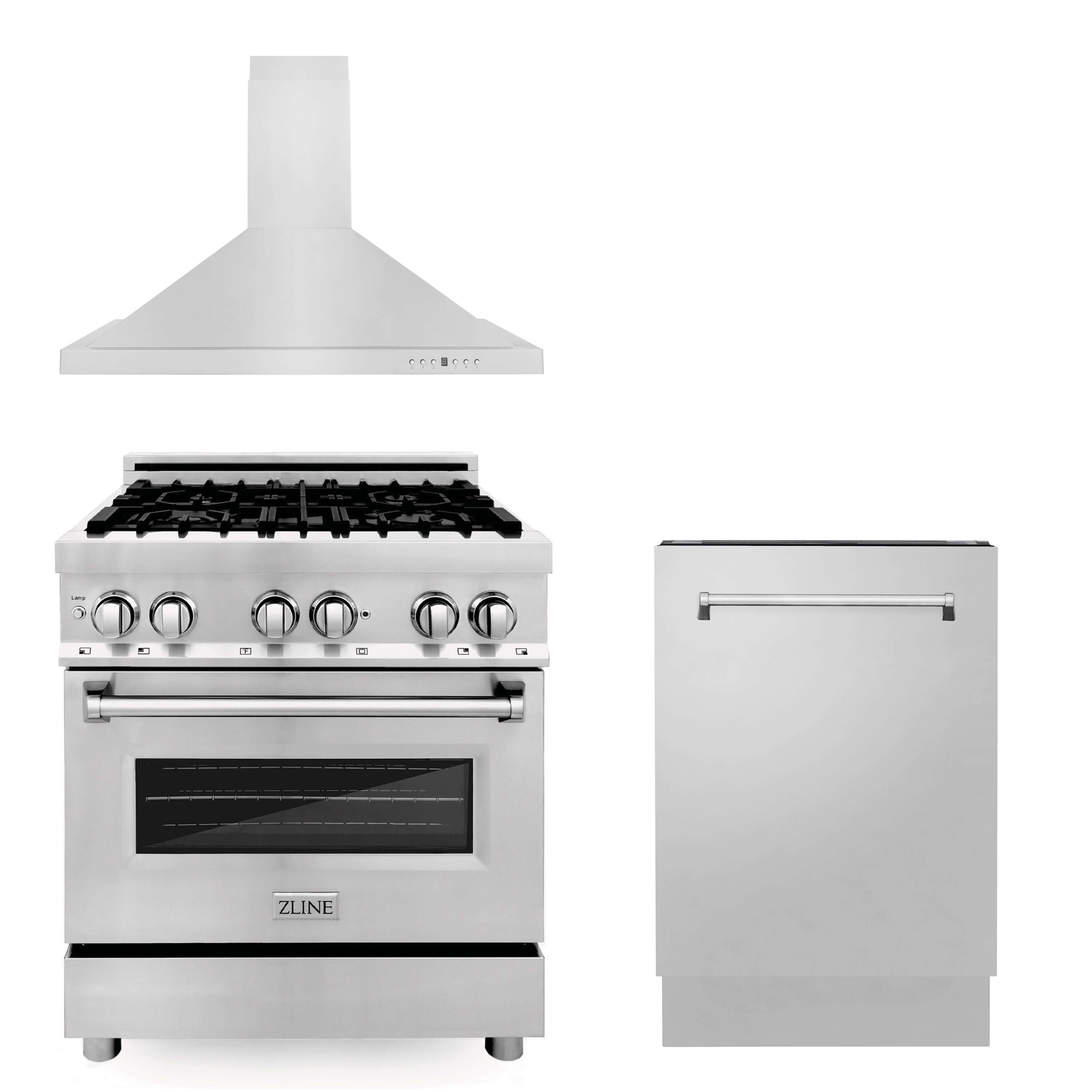 ZLINE 30 in. Kitchen Package with Stainless Steel Dual Fuel Range, Convertible Vent Range Hood and Tall Tub Dishwasher (3KP-RARH30-DWV)