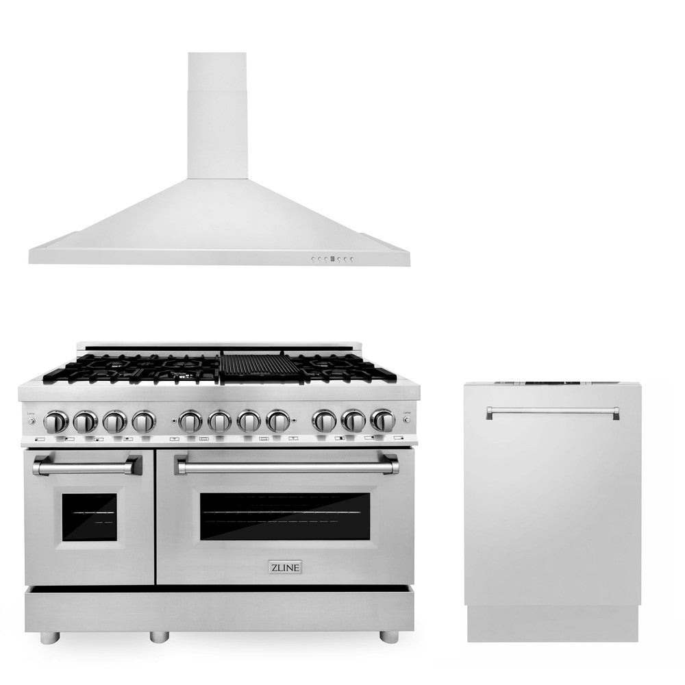 ZLINE 48 in. Kitchen Package with Stainless Steel Dual Fuel Range, Convertible Vent Range Hood and Dishwasher (3KP-RARH48-DW)