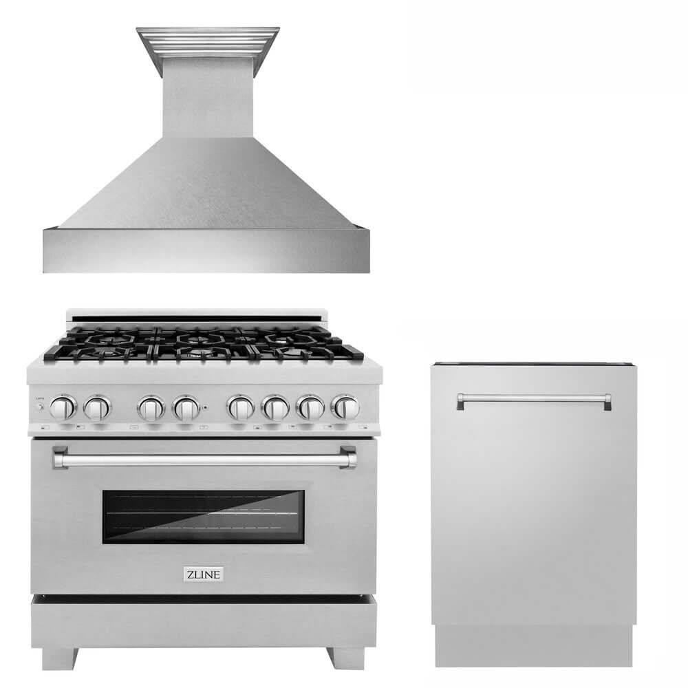ZLINE 36 in. Kitchen Package with Fingerprint Resistant Stainless Dual Fuel Range, Ducted Vent Range Hood and Tall Tub Dishwasher (3KP-RASRH36-DWV)