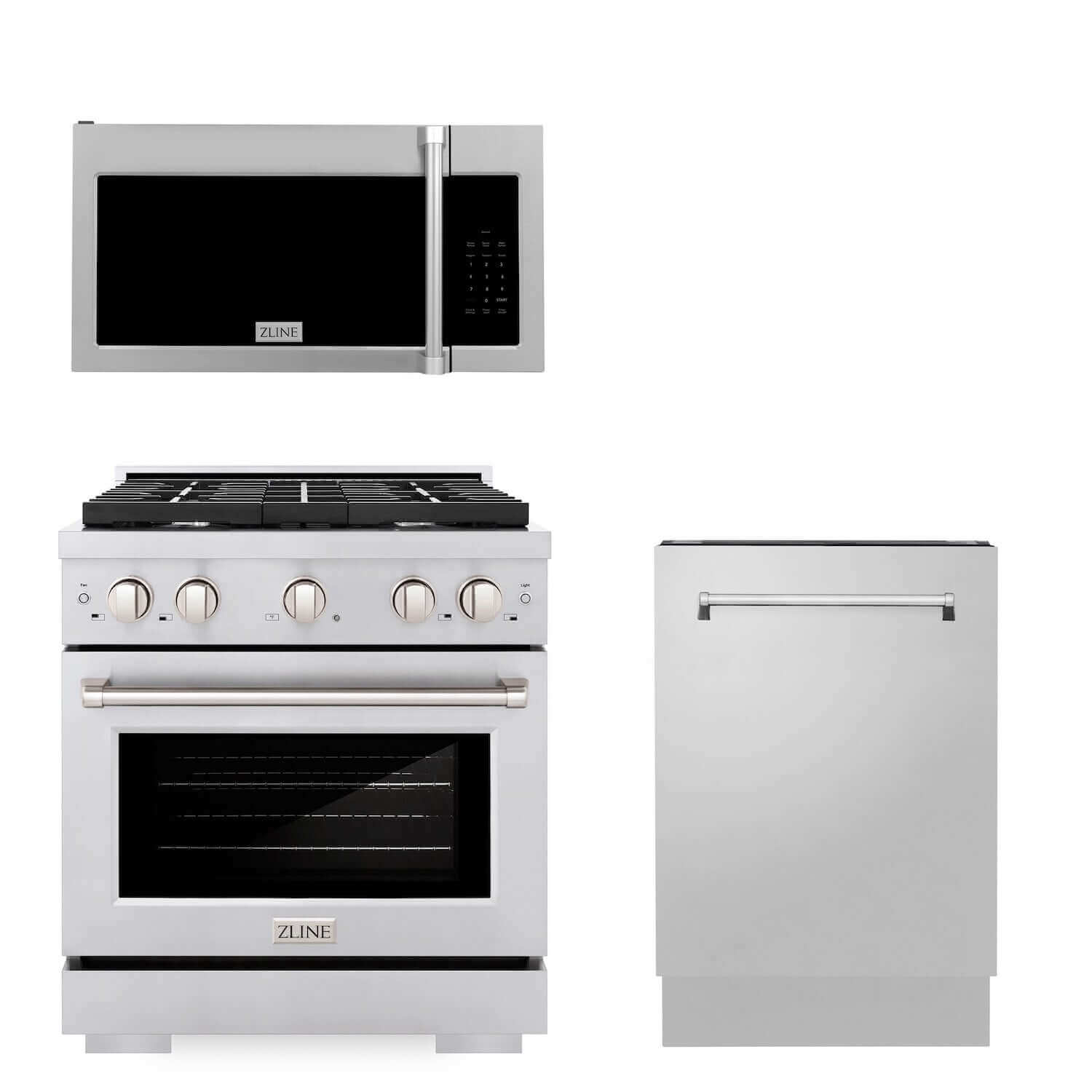 ZLINE 30" Kitchen Package with Stainless Steel Gas Range, Traditional Over The Range Microwave and Tall Tub Dishwasher