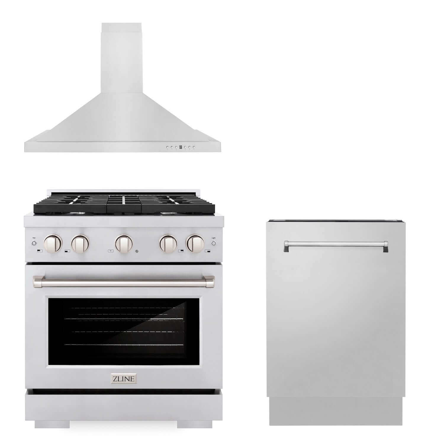 ZLINE 30 in. Kitchen Package with Stainless Steel Gas Range, Convertible Vent Range Hood and Tall Tub Dishwasher
