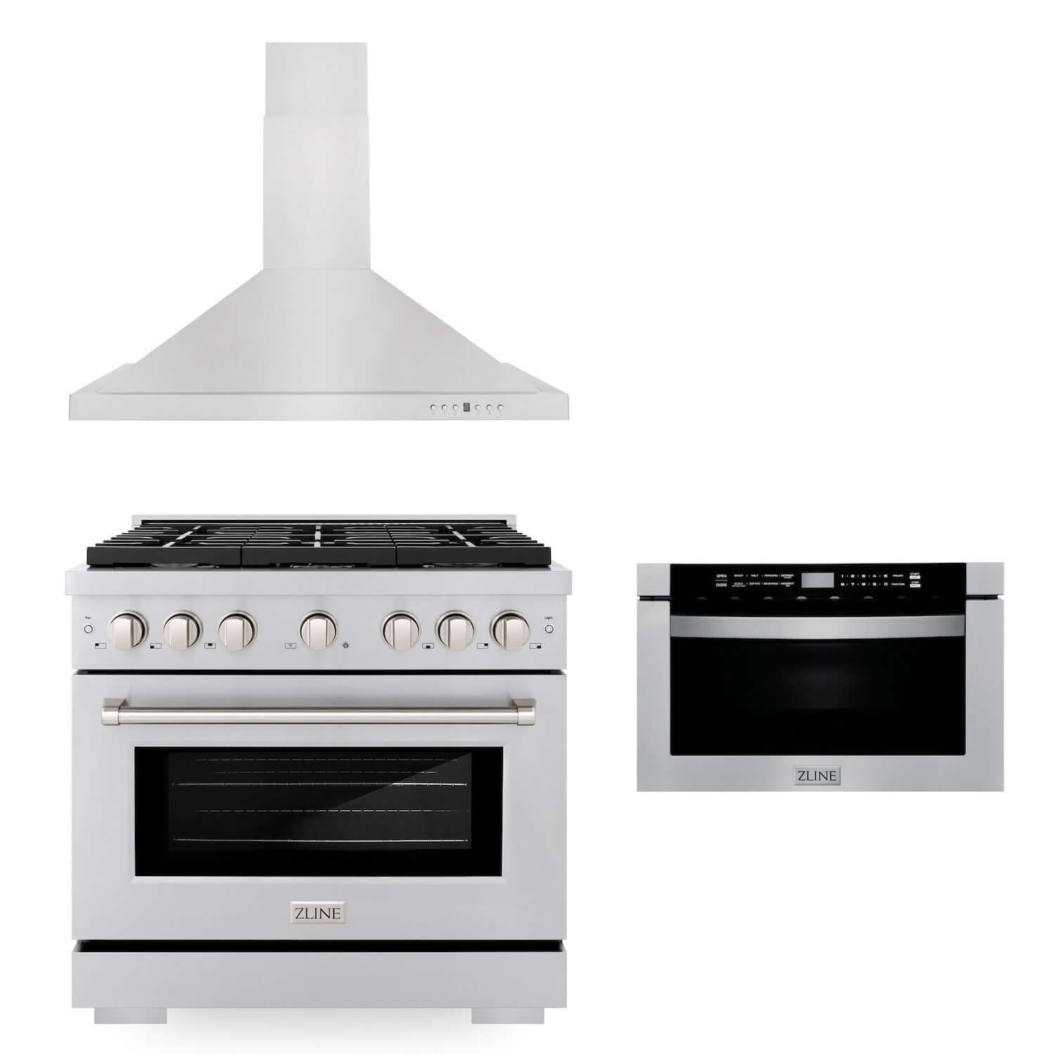 ZLINE 36" Kitchen Package with Stainless Steel Gas Range, Convertible Vent Range Hood and Microwave Drawer