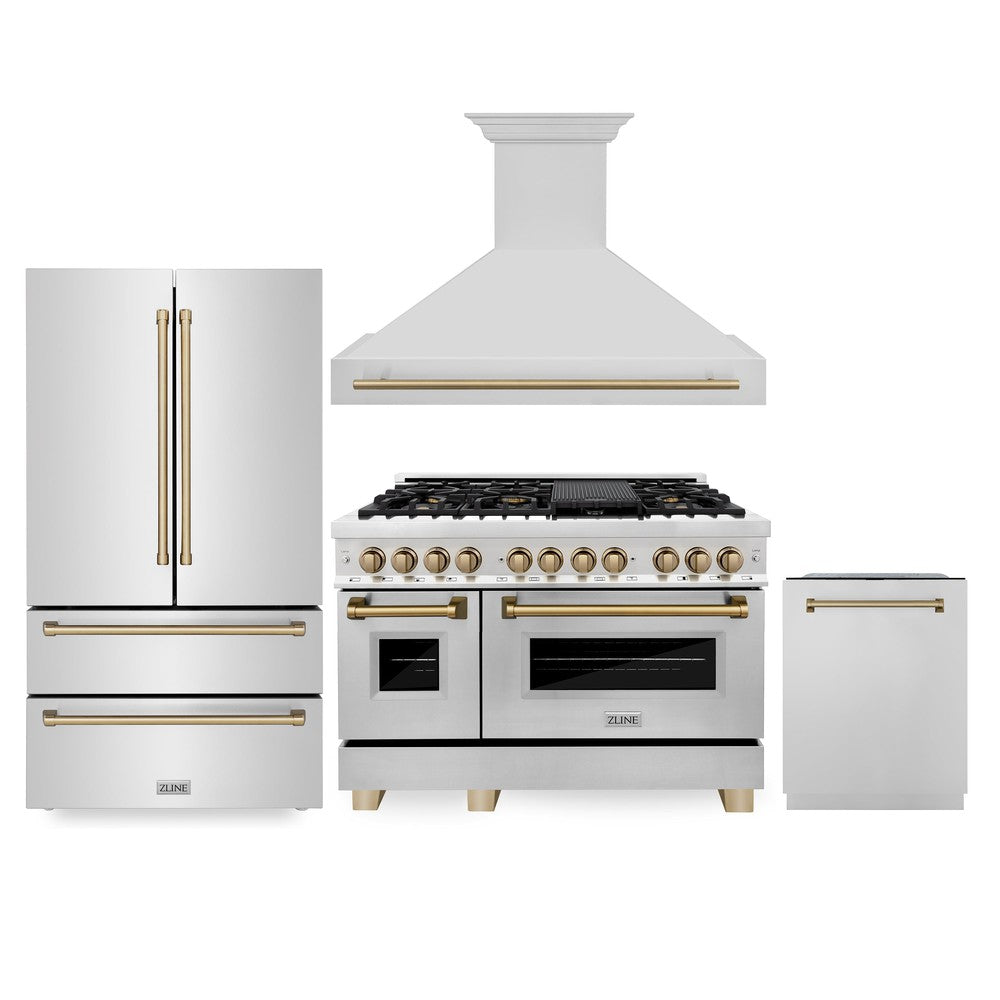 ZLINE 4-Piece Autograph Edition Stainless Steel Kitchen Package with Dual Fuel Range, Range Hood, Dishwasher and French Door Refrigerator with matching Champagne Bronze accents.