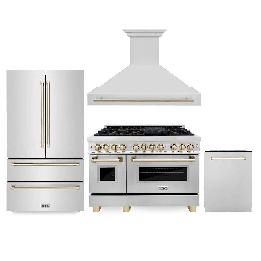 ZLINE Autograph Edition 48 in. Kitchen Package with Stainless Steel Dual Fuel Range, Range Hood, Dishwasher and Refrigeration with Polished Gold Accents (4KAPR-RARHDWM48-G)