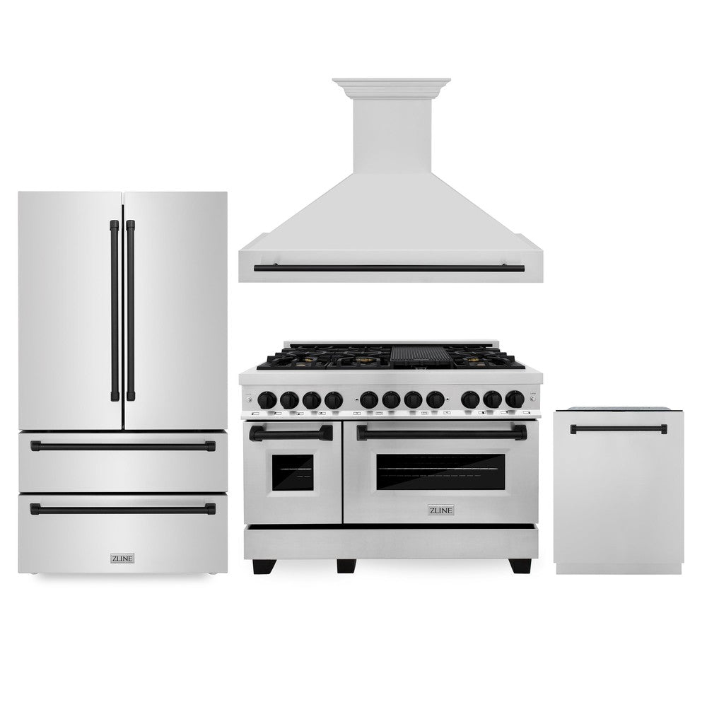ZLINE 48 in. Autograph Edition Kitchen Package with Stainless Steel Dual Fuel Range, Range Hood, Dishwasher and Refrigeration with Matte Black Accents (4KAPR-RARHDWM48-MB)
