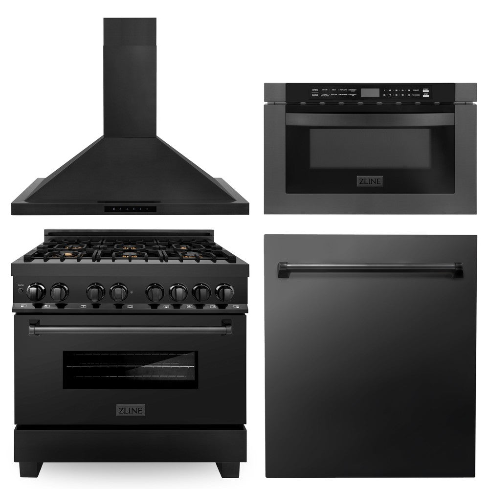 ZLINE 36 in. 4 Piece Kitchen Package with Black Stainless Steel Dual Fuel Range, Range Hood, Microwave Drawer and Dishwasher(4KP-RABRH36-MWDW)