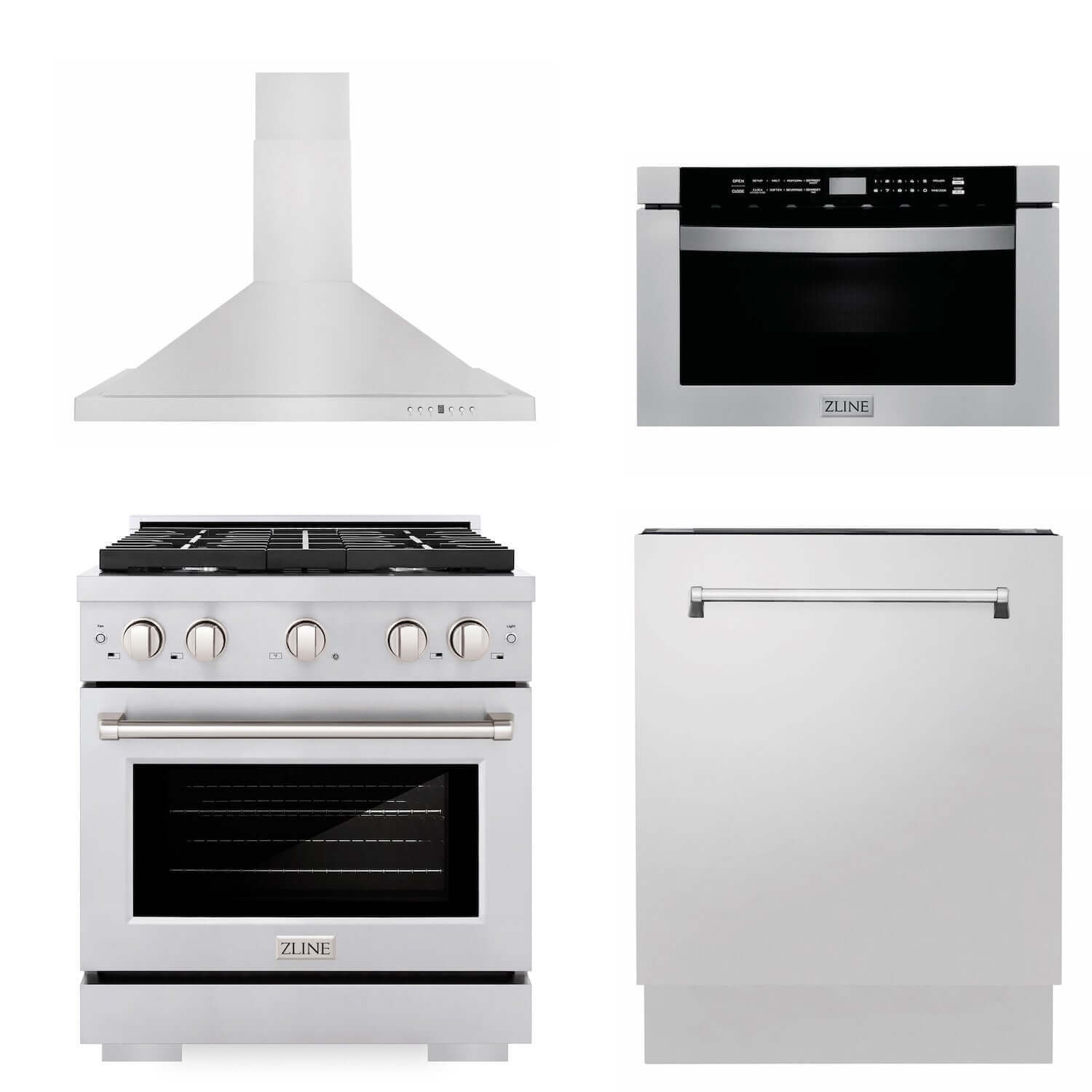 ZLINE 30" Kitchen Package with Stainless Steel Gas Range, Range Hood, Microwave Drawer and Tall Tub Dishwasher 