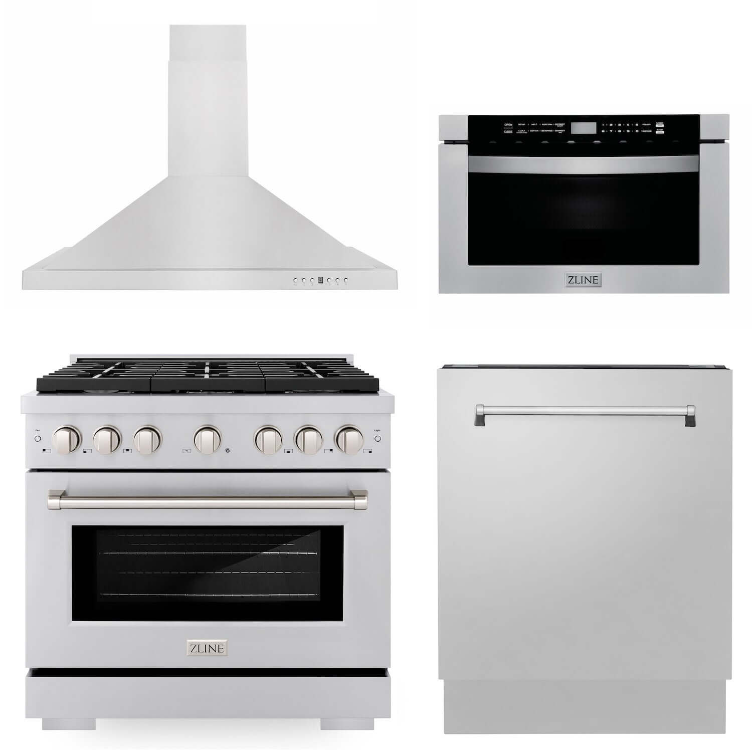 ZLINE 36" Kitchen Package with Stainless Steel Gas Range, Range Hood, Microwave Drawer and Tall Tub Dishwasher