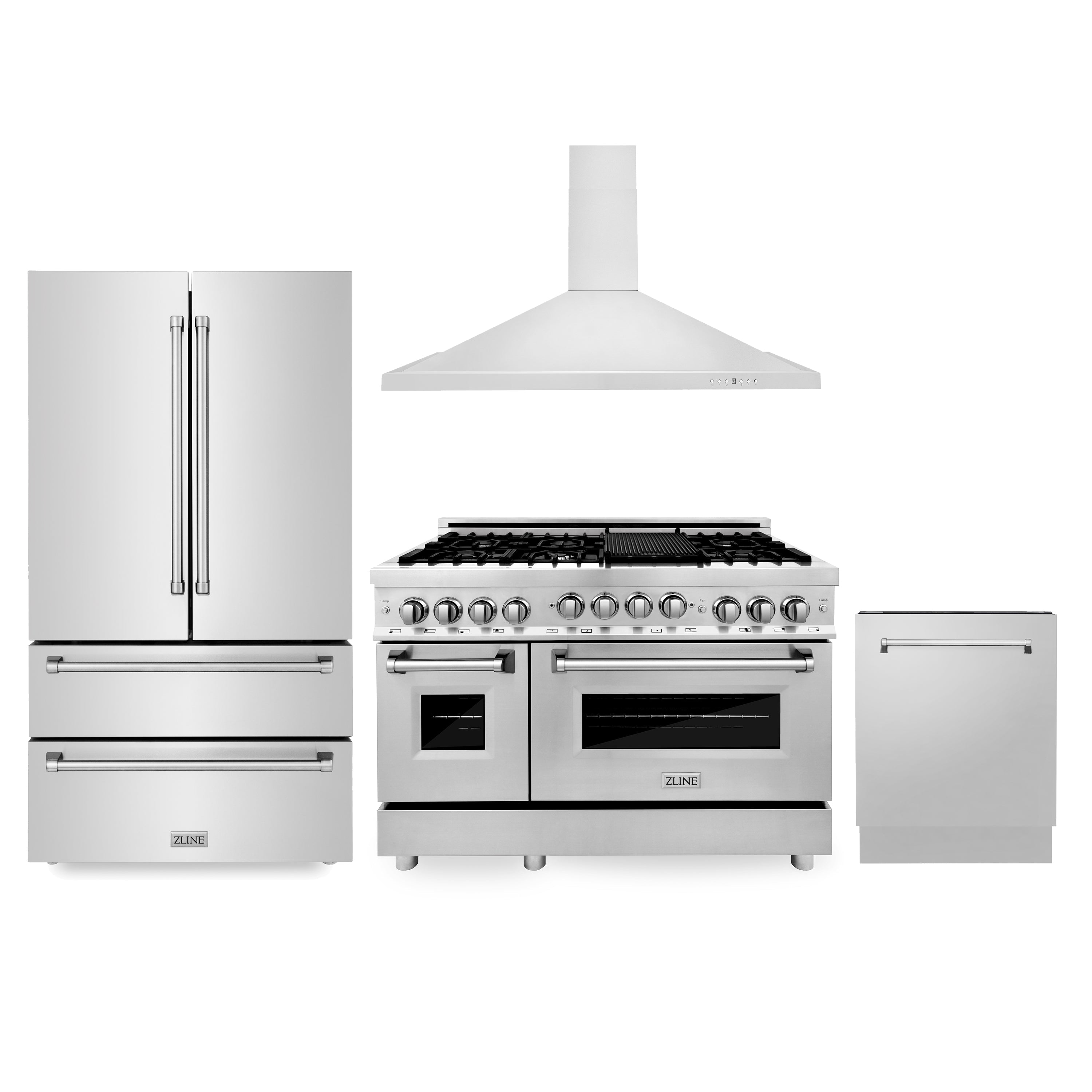 ZLINE Kitchen Package with Refrigeration, 48 in. Stainless Steel Gas Range, 48 in. Convertible Vent Range Hood and 24 in. Tall Tub Dishwasher (4KPR-RGRH48-DWV)