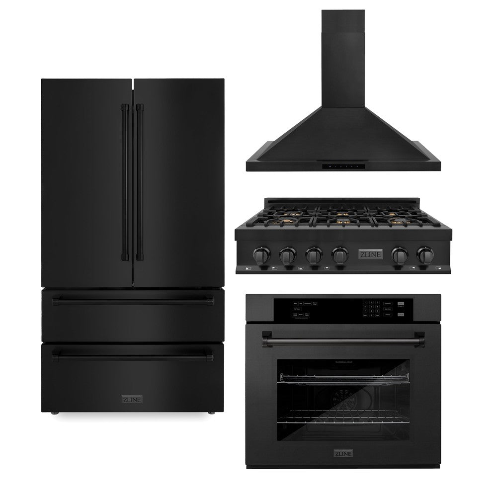 ZLINE Kitchen Package with Black Stainless Steel Refrigeration, 36 in. Rangetop, 36 in. Range Hood and 30 in. Single Wall Oven (4KPR-RTBRH36-AWS)