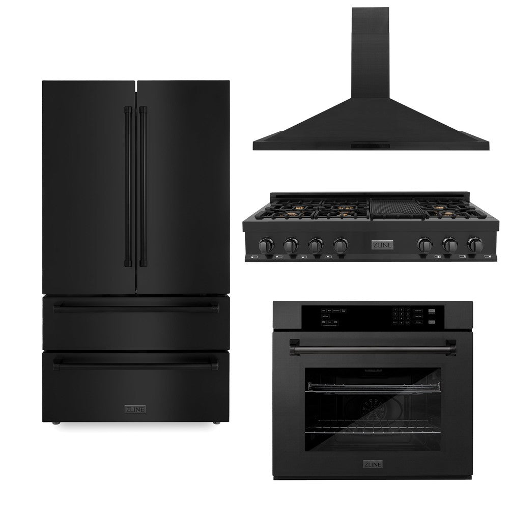 ZLINE Kitchen Package with Black Stainless Steel Refrigeration, 48 in. Rangetop, 48 in. Range Hood and 30 in. Single Wall Oven (4KPR-RTBRH48-AWS)