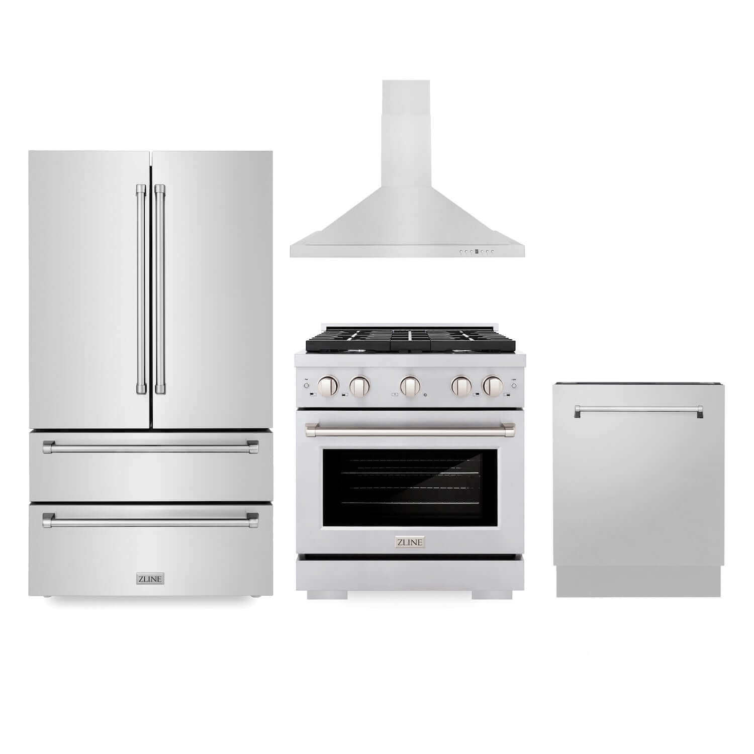 ZLINE Stainless Steel Kitchen Package with 36 in. French Door Refrigerator, 30 in. Gas Range, 30 in. Convertible Vent Range Hood and 24 in. Tall Tub Dishwasher