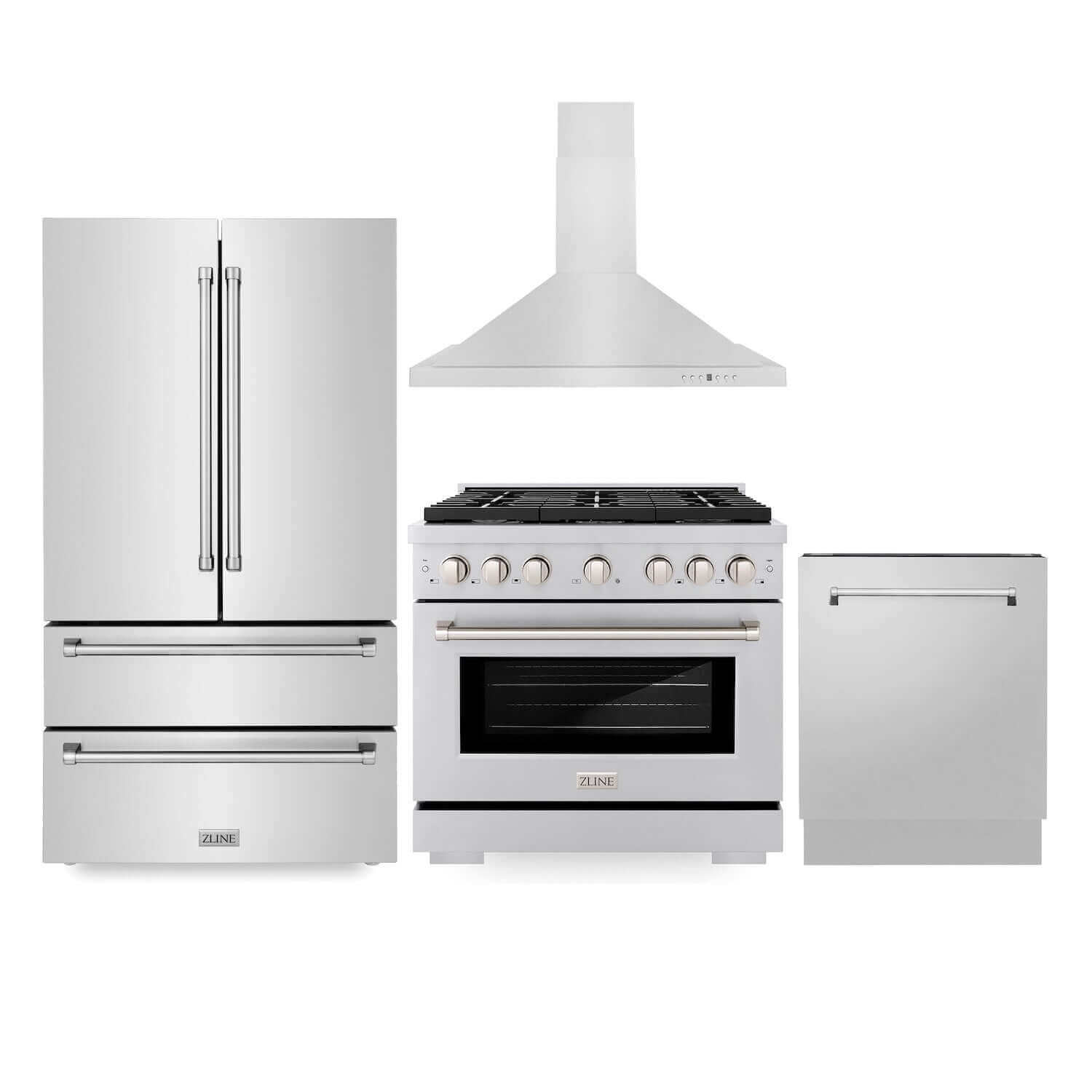 ZLINE Stainless Steel Kitchen Package with 36 in. French Door Refrigerator, 36 in. Stainless Steel Gas Range, 36 in. Range Hood and 24 in. Tall Tub Dishwasher
