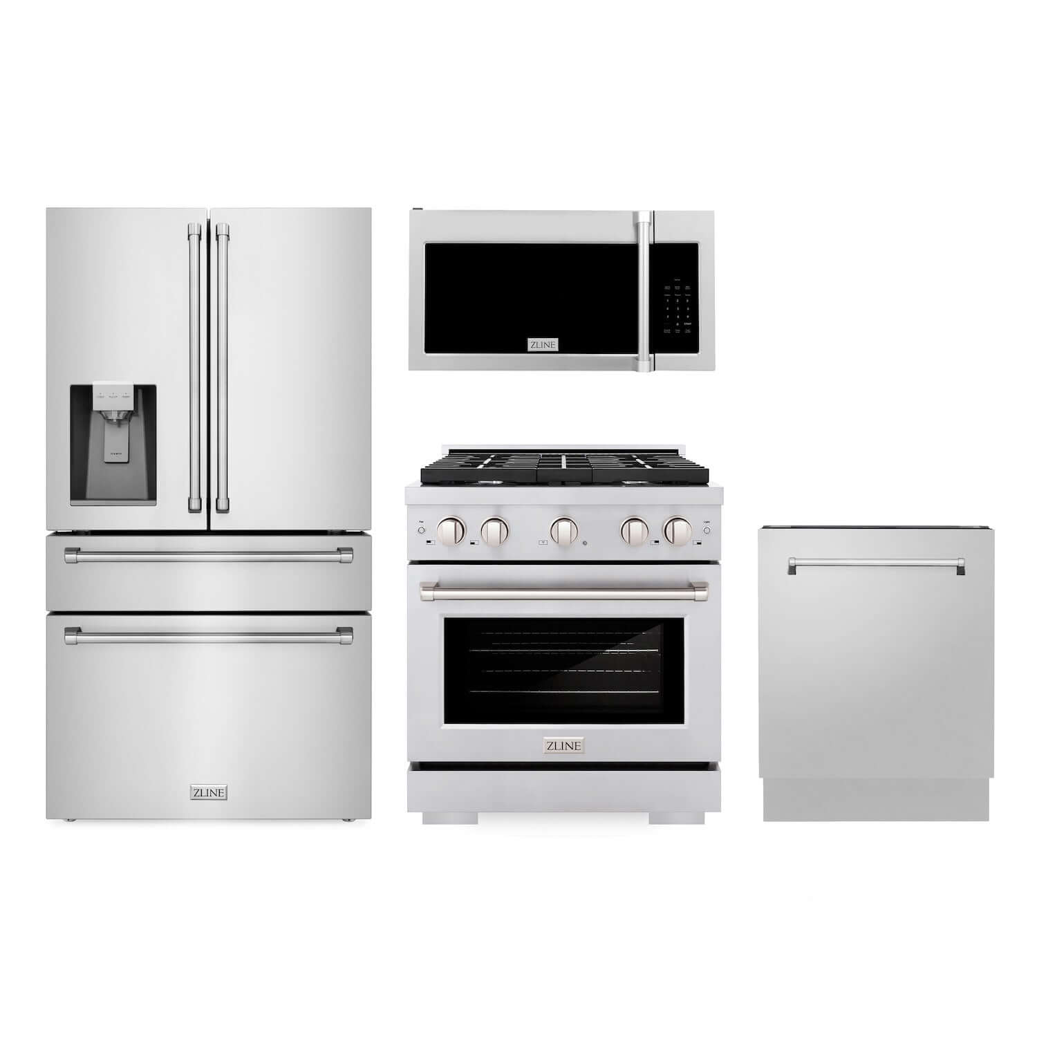 ZLINE Stainless Steel Kitchen Package with 36 in. French Door Refrigerator, 30 in. Gas Range, 30 in. Over-the-Range Microwave Oven, and 24 in. Tall Tub Dishwasher