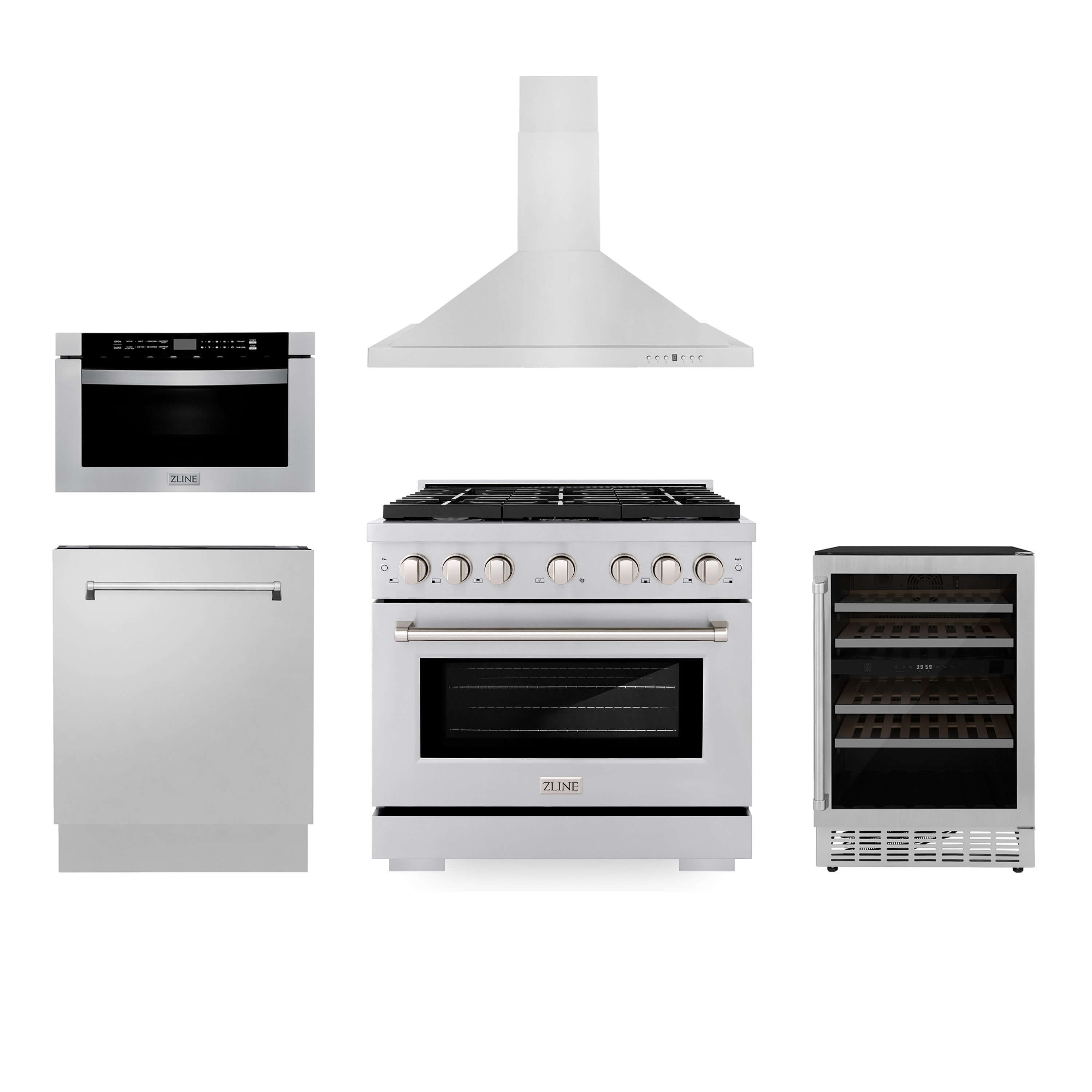 ZLINE 36" Kitchen Package with Stainless Steel Gas Range, Range Hood, Microwave Drawer, Tall Tub Dishwasher and Wine Cooler