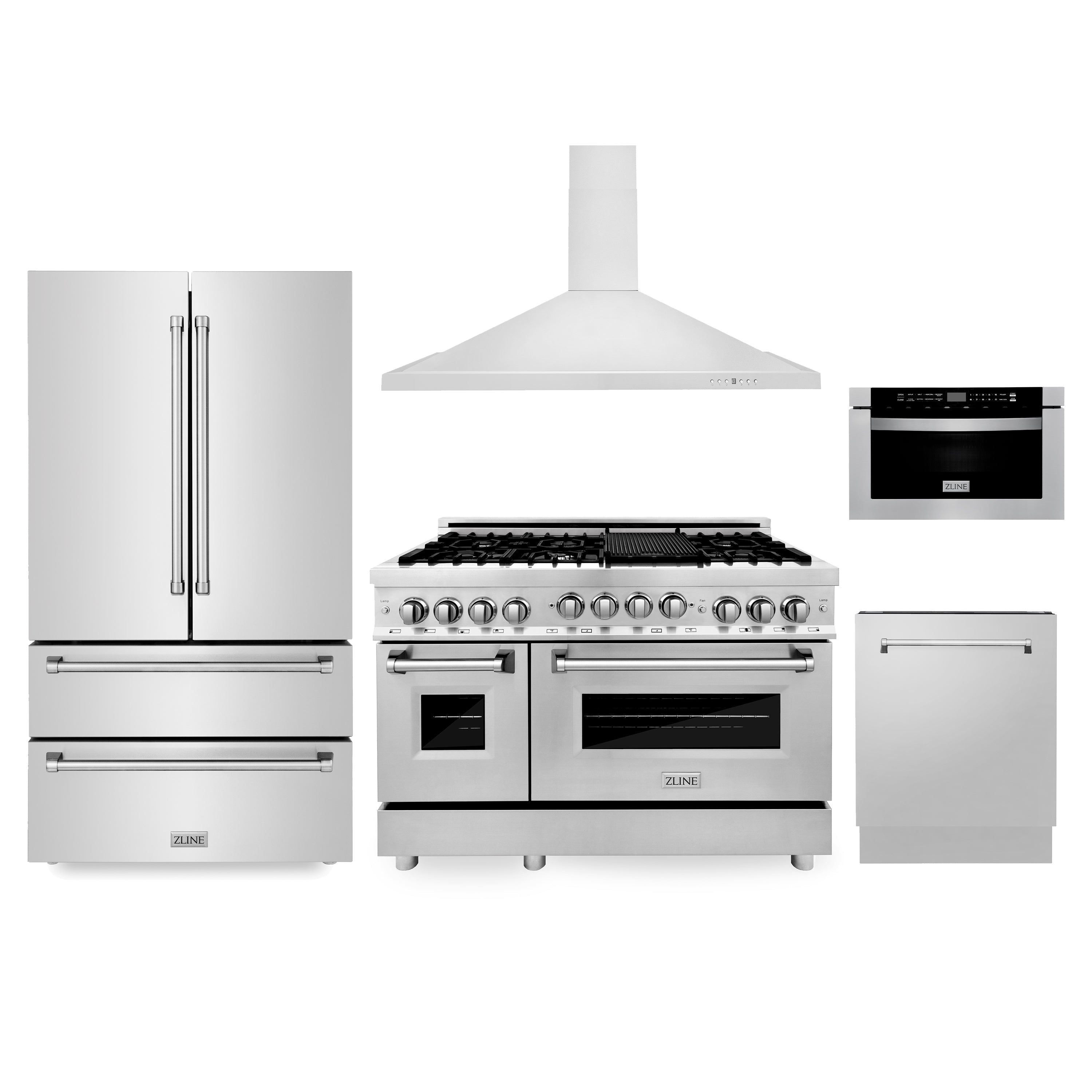 ZLINE Kitchen Package with Refrigeration, 48 in. Stainless Steel Gas Range, 48 in. Convertible Vent Range Hood, 24 in. Microwave Drawer, and 24 in. Tall Tub Dishwasher (5KPR-RGRH48-MWDWV)