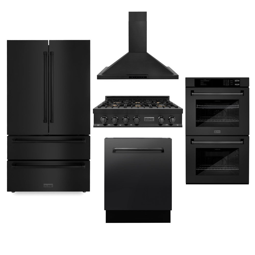 ZLINE Kitchen Package with Refrigeration, 36 in. Black Stainless Steel Gas Range, 36 in. Convertible Vent Range Hood, 30 in. Double Wall Oven, and 24 in. Tall Tub Dishwasher (5KPR-RTBRH36-AWDDWV)