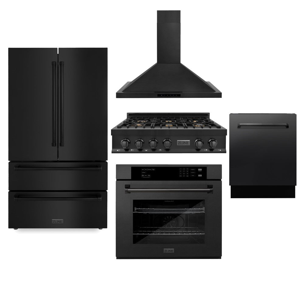 ZLINE Kitchen Package with Refrigeration, 36 in. Black Stainless Steel Gas Rangetop, 36 in. Convertible Vent Range Hood, 30 in. Single Wall Oven, and 24 in. Tall Tub Dishwasher (5KPR-RTBRH36-AWSDWV)