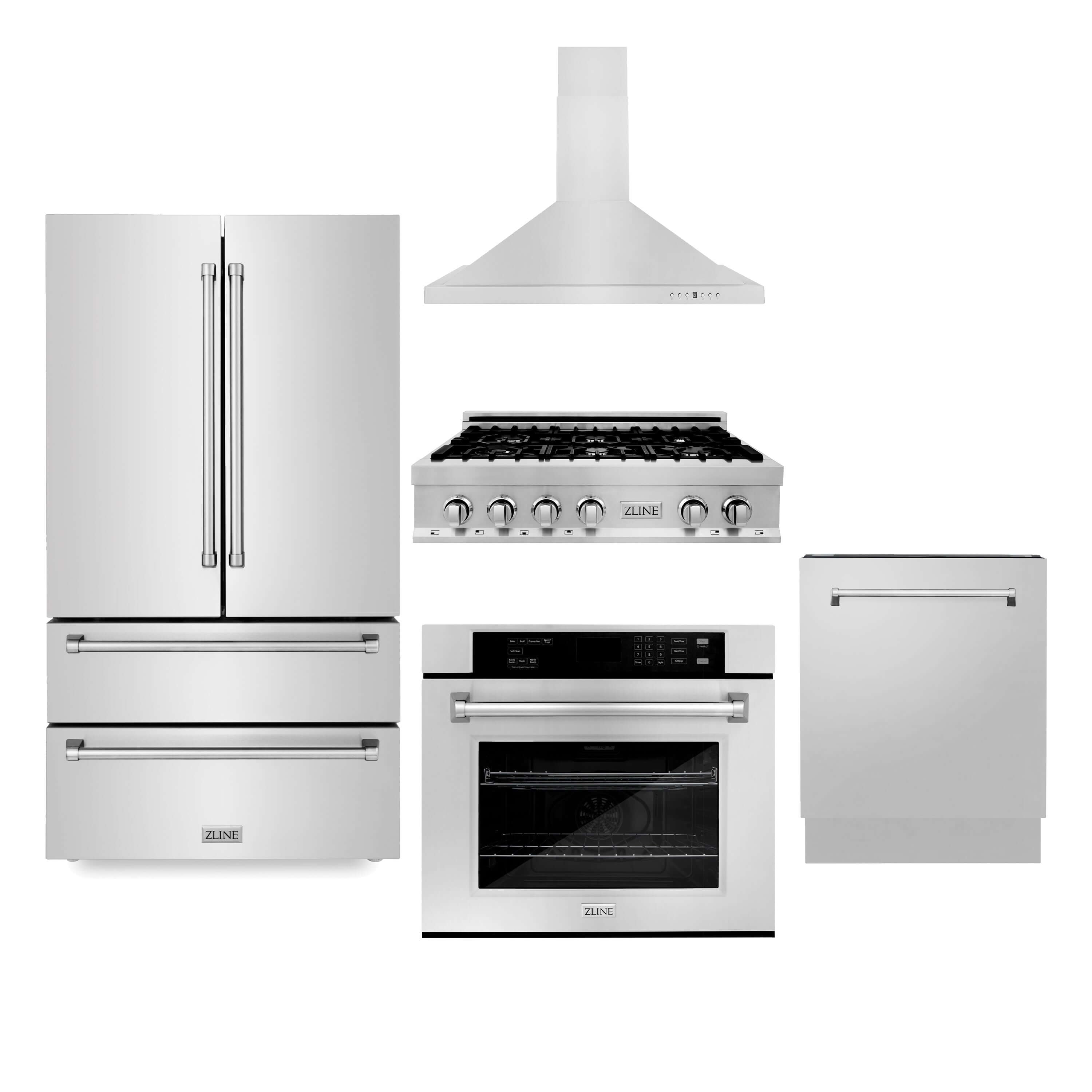 ZLINE Kitchen Package with Refrigeration, 30 in. Stainless Steel Rangetop, 30 in. Range Hood, 30 in. Single Wall Oven and 24 in. Tall Tub Dishwasher (5KPR-RTRH30-AWSDWV)