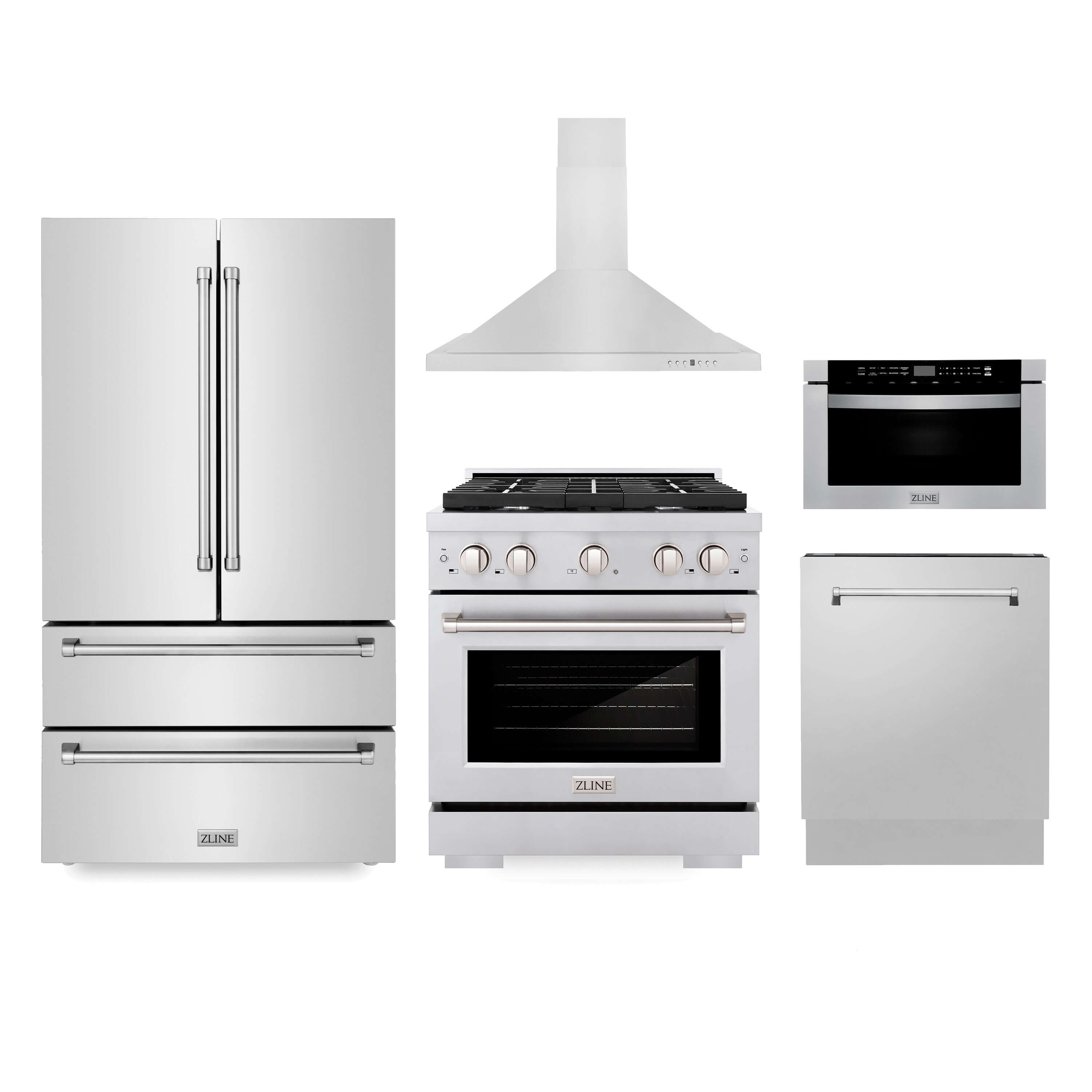 ZLINE Kitchen Package with Stainless Steel 36" French Door Refrigerator, 30" Gas Range, 30" Range Hood, 24" Microwave Drawer, and 24" Tall Tub Dishwasher (5KPR-SGRRH30-MWDWV)
