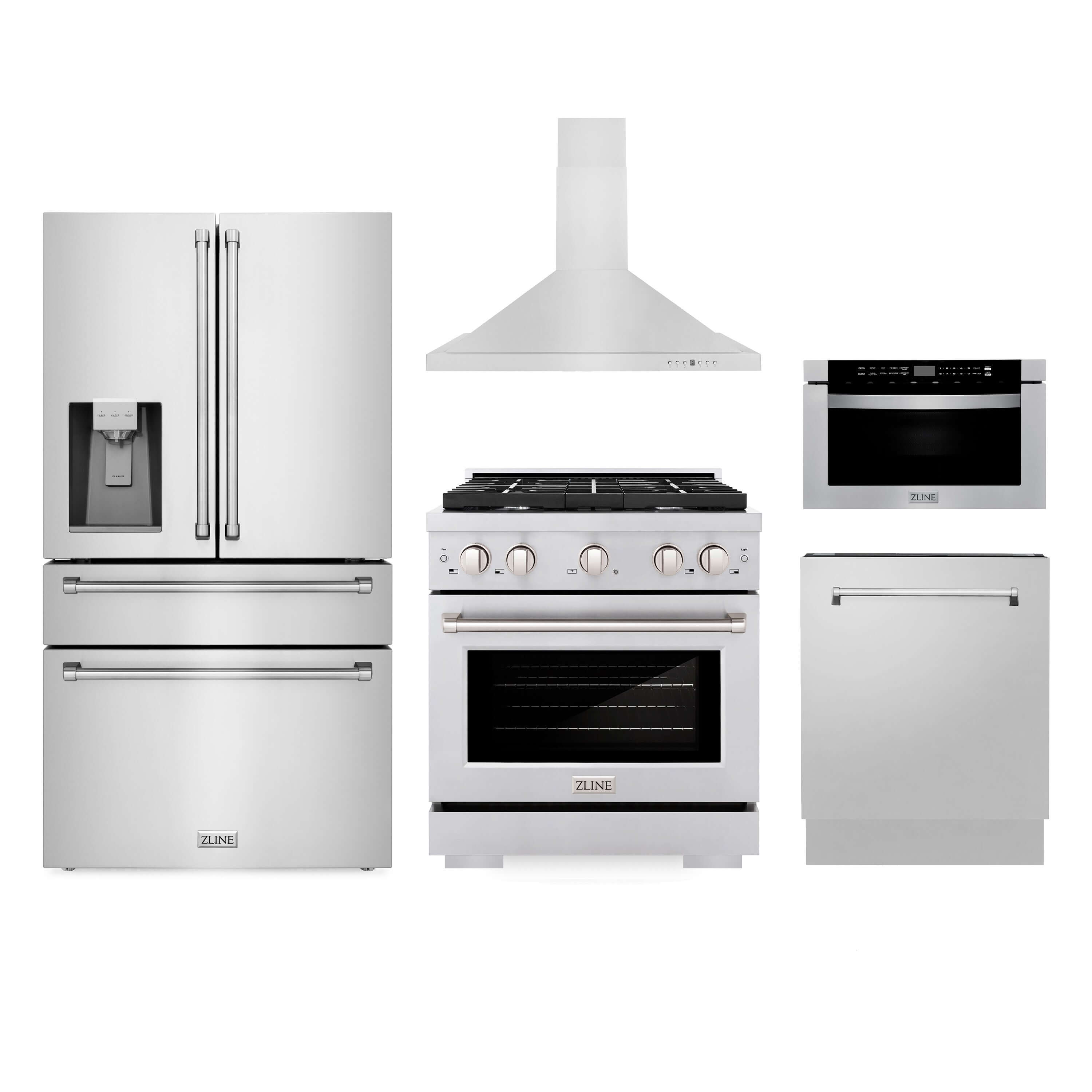 ZLINE Stainless Steel Kitchen Package with 36" French Door Refrigerator with External Water and Ice Dispenser, 30" Gas Range, 30" Range Hood, 24" Microwave Drawer, and 24" Tall Tub Dishwasher (5KPRW-SGRRH30-MWDWV)