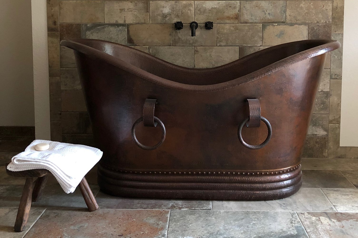60" Hammered Copper Double Slipper Bathtub With Rings (BTDR60DB) - Rustic Kitchen & Bath - Bathtubs - Premier Copper Products