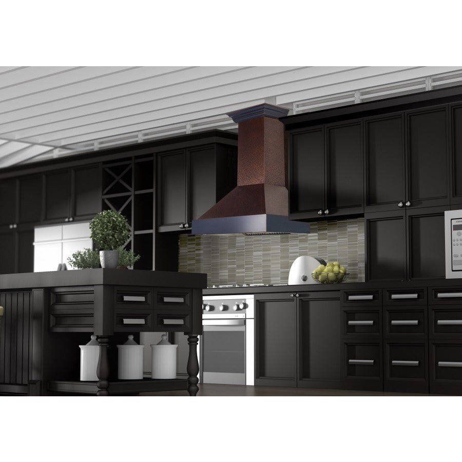 ZLINE Designer Series Wall Mount Range Hood in Embossed Copper with Oil-Rubbed Bronze Bands (655-EBXXX)