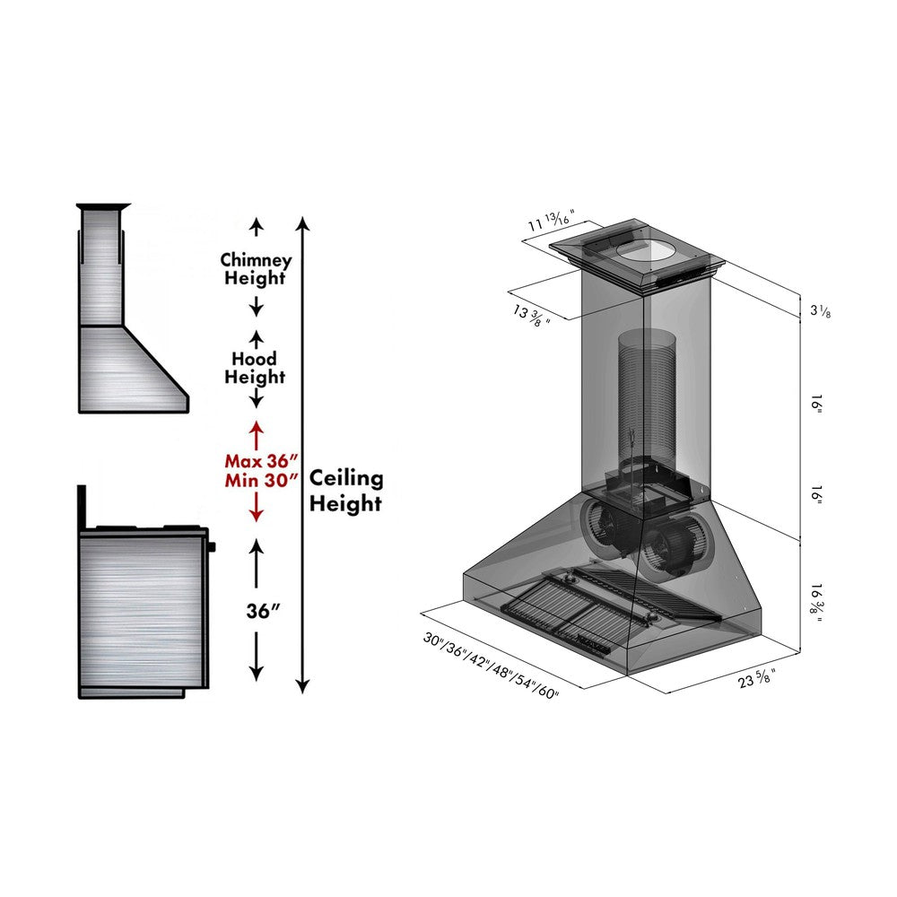 ZLINE Professional Convertible Vent Wall Mount Range Hood in Stainless Steel with Crown Molding (667CRN) dimensional diagram and measurements.