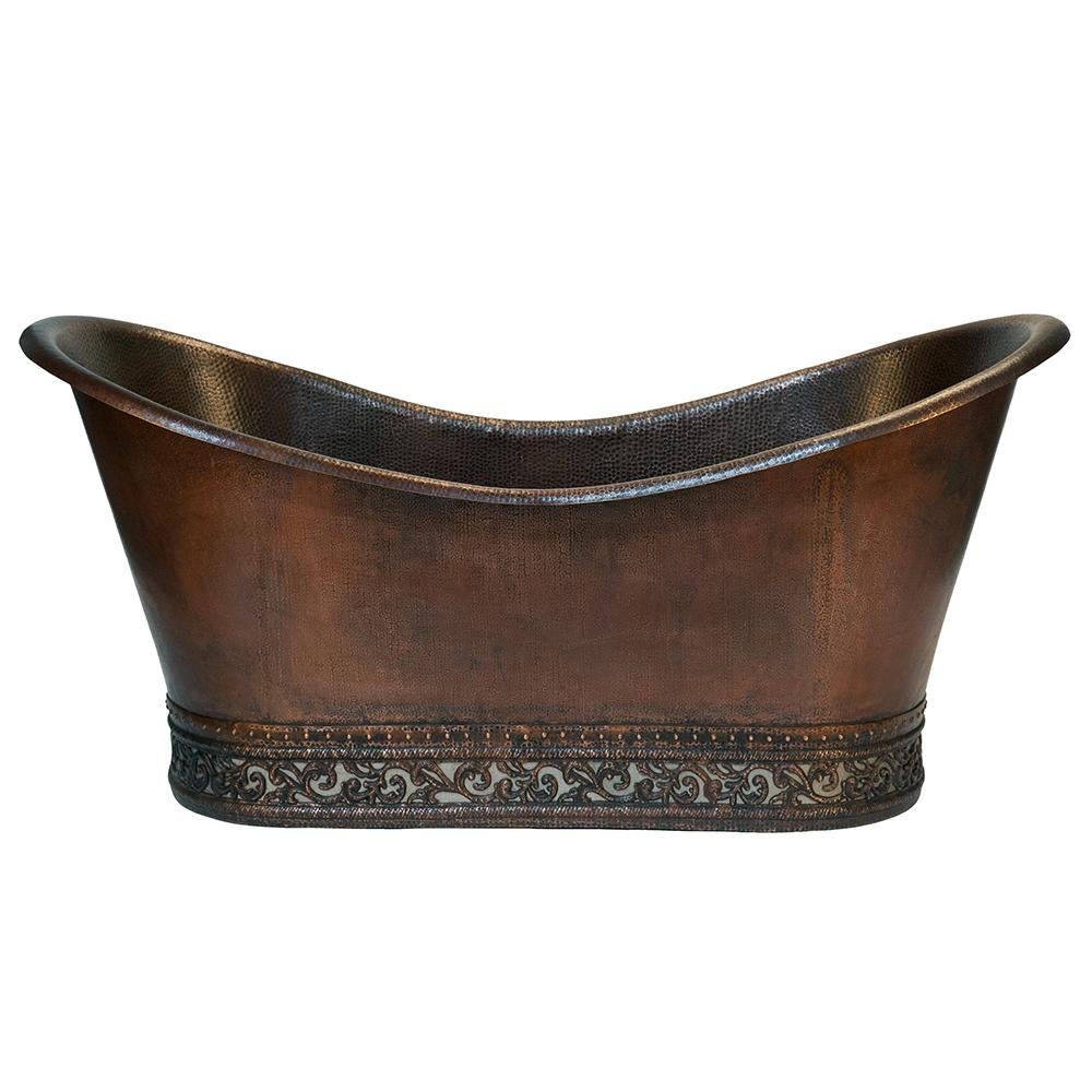 67" Hammered Copper Double Slipper Bathtub with Scroll Base and Nickel Inlay (BTN67DB) - Rustic Kitchen & Bath - Bathtubs - Premier Copper Products