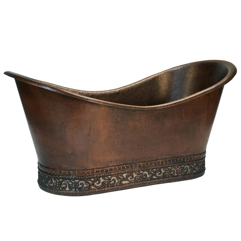 67" Hammered Copper Double Slipper Bathtub with Scroll Base and Nickel Inlay (BTN67DB) - Rustic Kitchen & Bath - Bathtubs - Premier Copper Products