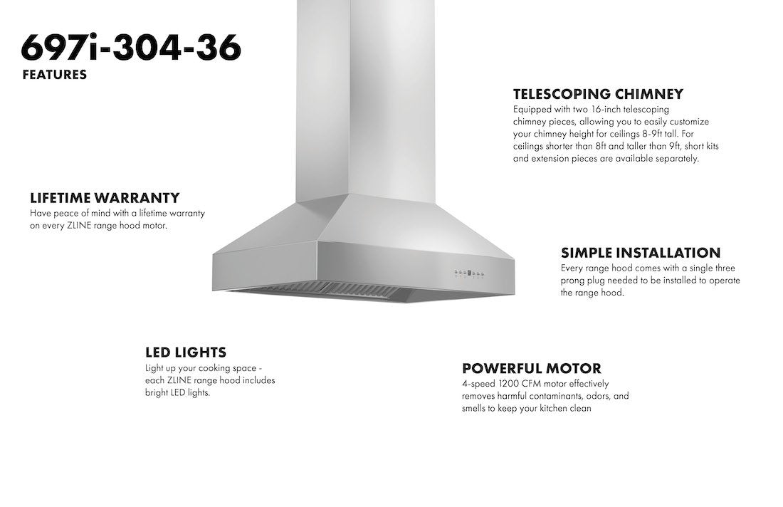 ZLINE Outdoor Approved Island Mount Range Hood in Stainless Steel (697i-304) features including lifetime warranty, telescoping chimney, LED lights, 1200 CFM motor, and simple installation.