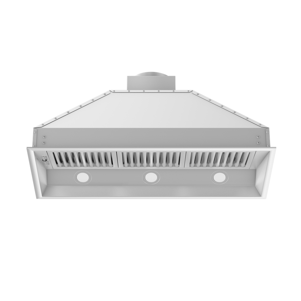 ZLINE Ducted Remote Blower 400 CFM Range Hood Insert in Stainless Steel (698-RS) Under View with baffle filters and lighting