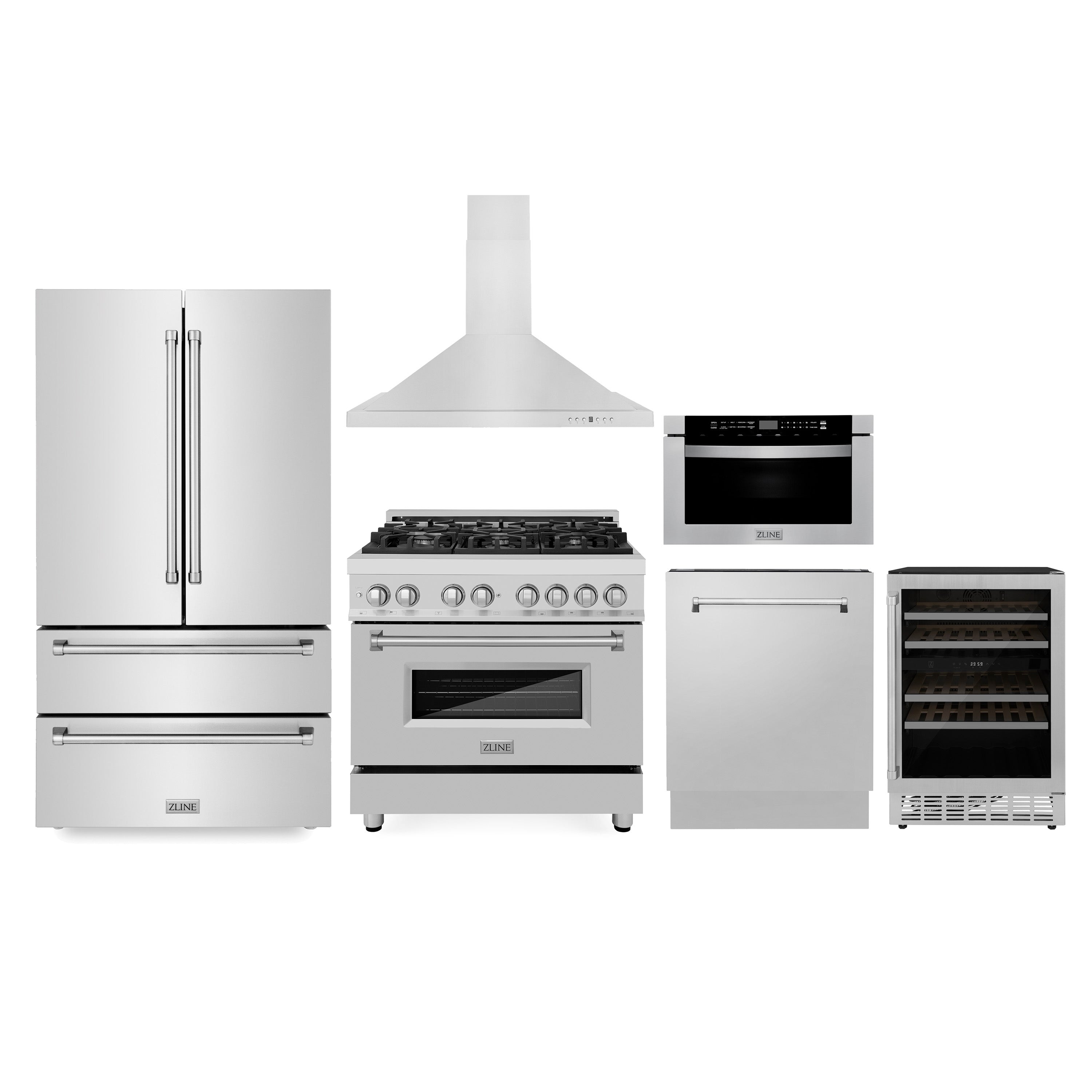 Stainless Steel ZLINE Kitchen Package features a 36 in. French Door Refrigerator, a 36 in. Dual Fuel Range, a 36 in. Range Hood, a 24 in. Microwave Drawer, a 24 in. Tall Tub Dishwasher, and a 24 in. Dual Zone Wine Cooler.