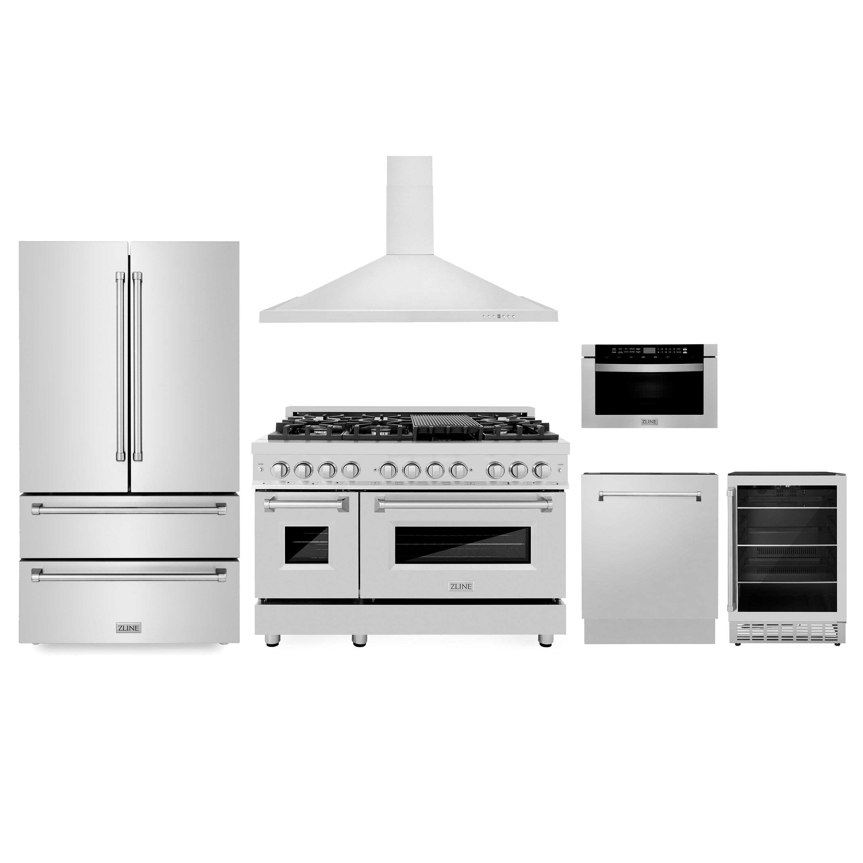 6-piece ZLINE Stainless Steel Appliance Package, featuring a 36 in. French Door Refrigerator, 48 in. Dual Fuel Range, 48 in. Range Hood, 24 in. Microwave Drawer, 24 in. Tall Tub Dishwasher, and a 24 in. Beverage Fridge.