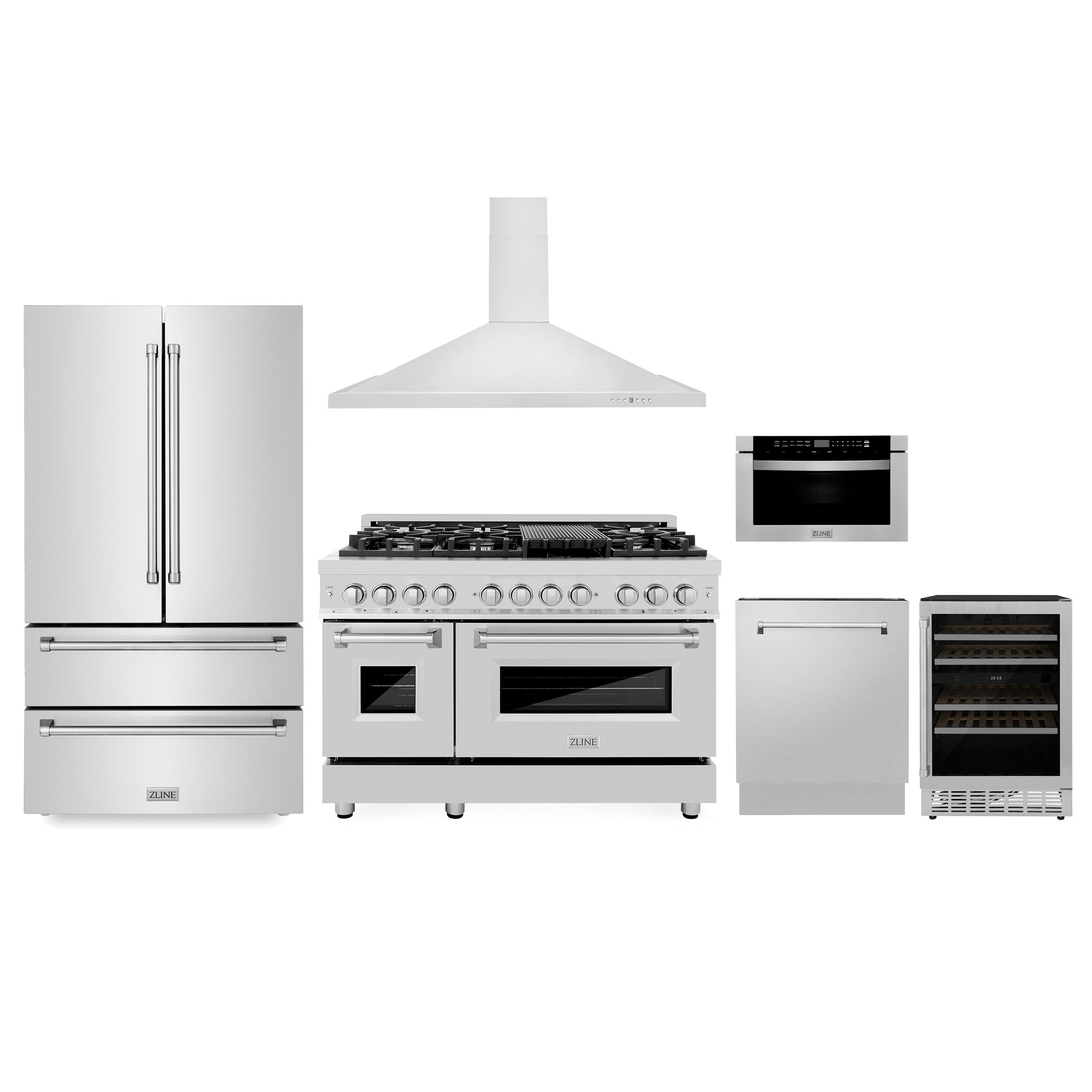  6-piece ZLINE Stainless Steel Appliance Package, featuring a 36 in. French Door Refrigerator, 48 in. Dual Fuel Range, 48 in. Range Hood, 24 in. Microwave Drawer, 24 in. Tall Tub Dishwasher, and a 24 in. Dual Zone Wine Cooler.
