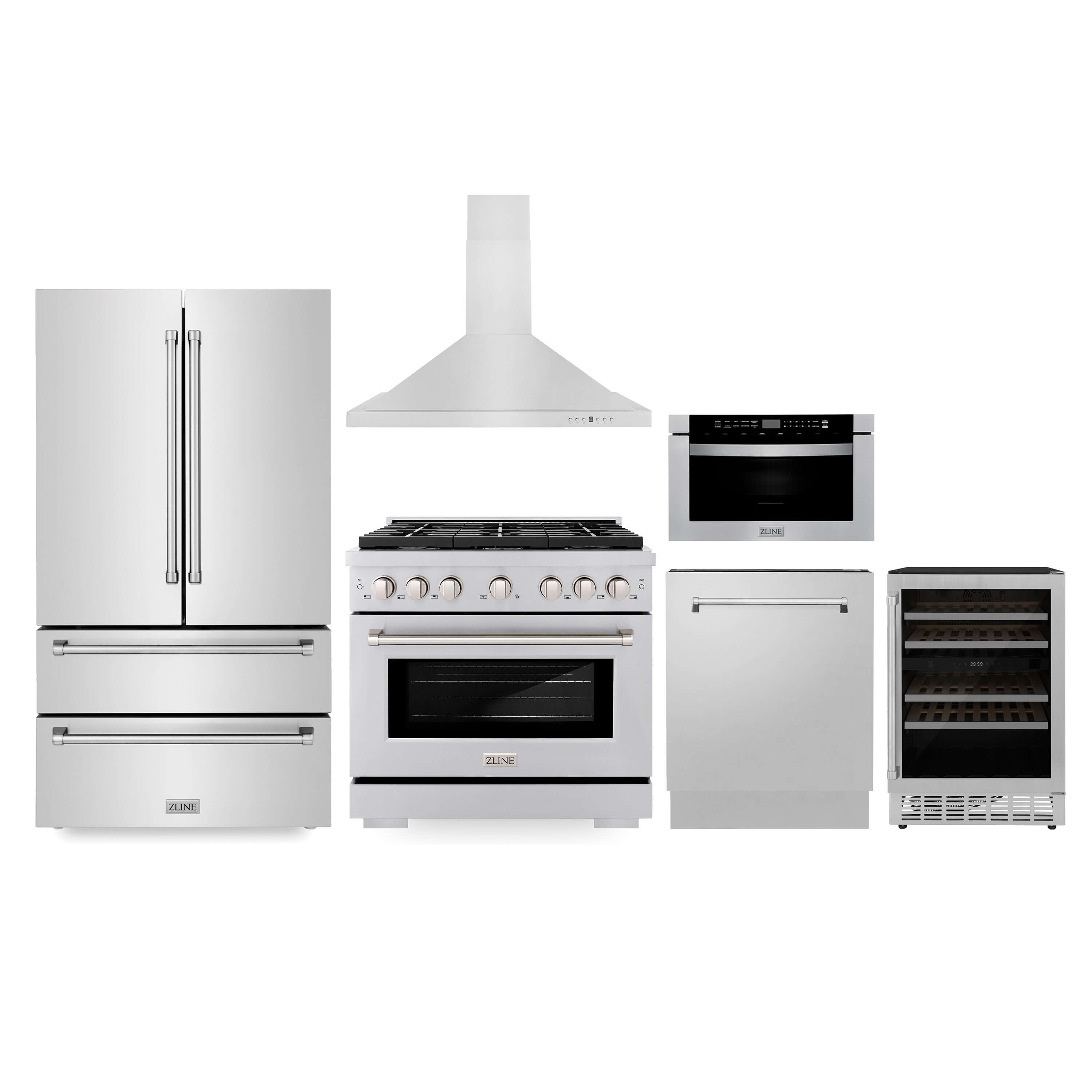 ZLINE Kitchen Package in Stainless Steel with 36 in. French Door Refrigerator, 36 in. Gas Range, 36 in. Range Hood, 24 in. Microwave Drawer, 24 in. Tall Tub Dishwasher and Wine Cooler (6KPR-SGRRH36-MWDWV-RWV)