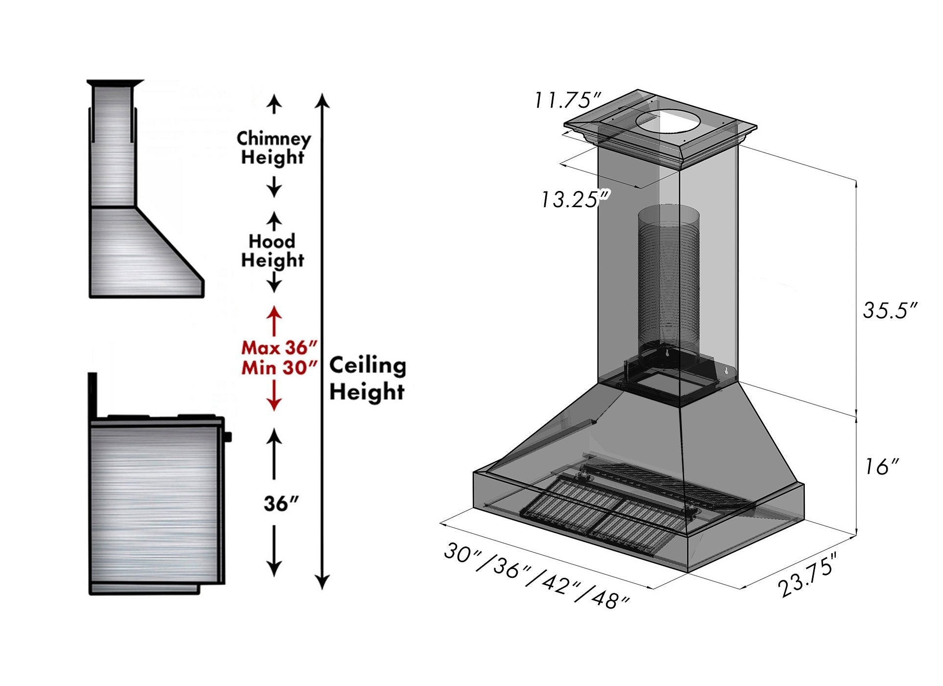 ZLINE Fingerprint Resistant Stainless Steel Range Hood (8654SN) dimensional diagram and chimney height guide.