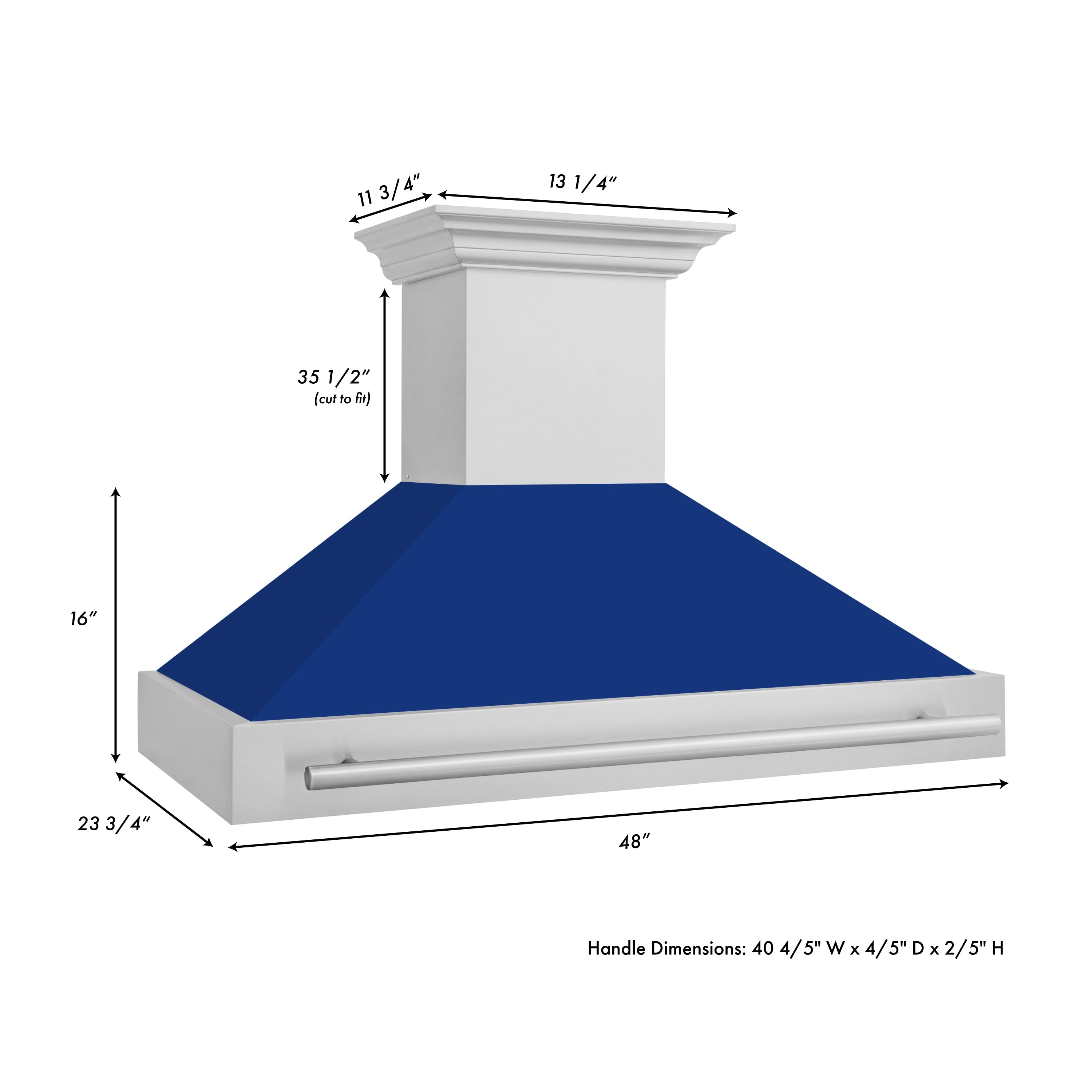 ZLINE 48 in. Fingerprint Resistant Stainless Steel Range Hood with Blue Gloss shell dimensions.
