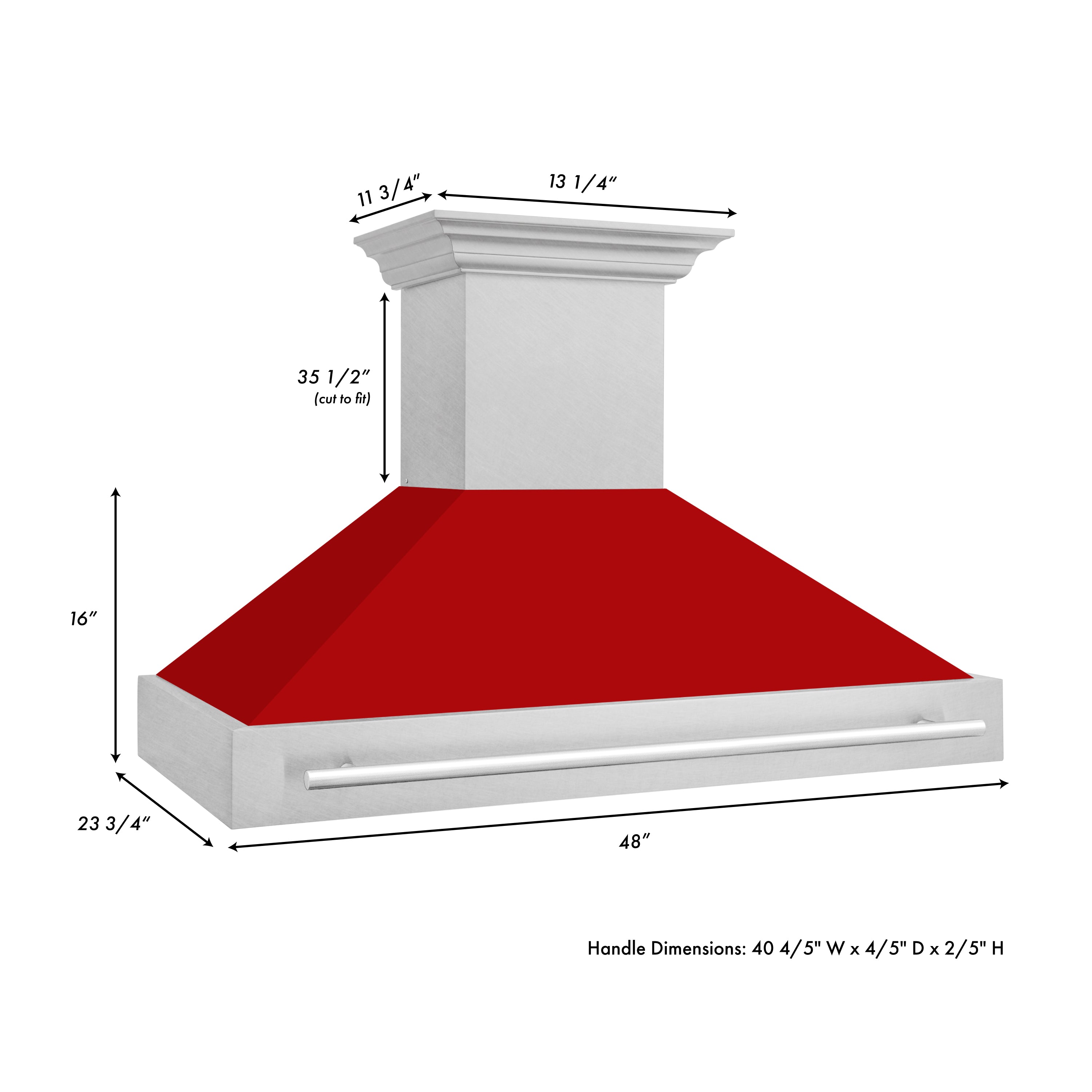 ZLINE 48 in. Fingerprint Resistant Stainless Steel Range Hood with Red Matte shell dimensions.