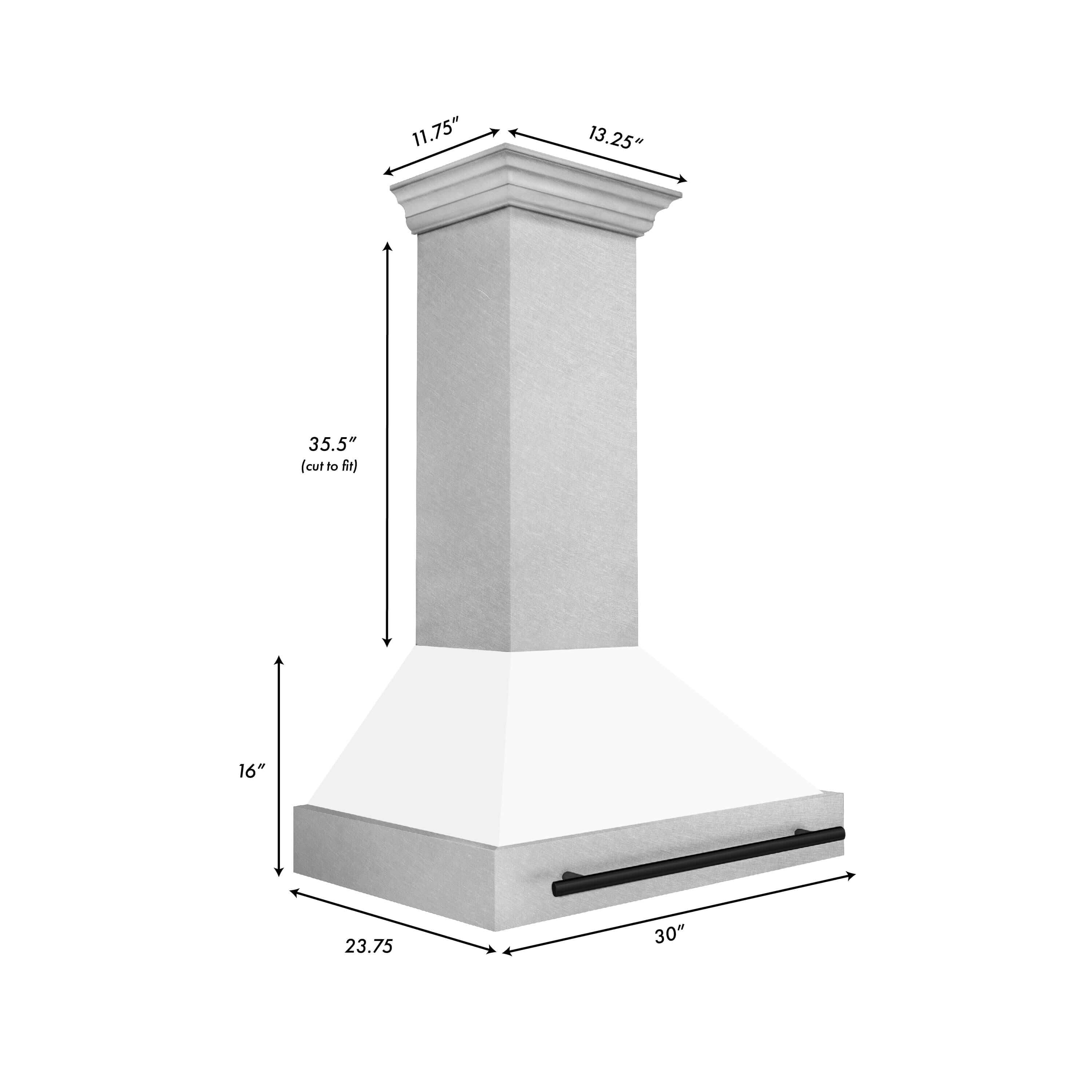 ZLINE Autograph Edition 36 in. Fingerprint Resistant Stainless Steel Range Hood with White Matte Shell and Accented Handle (8654SNZ-WM36) dimensional diagram and measurements.