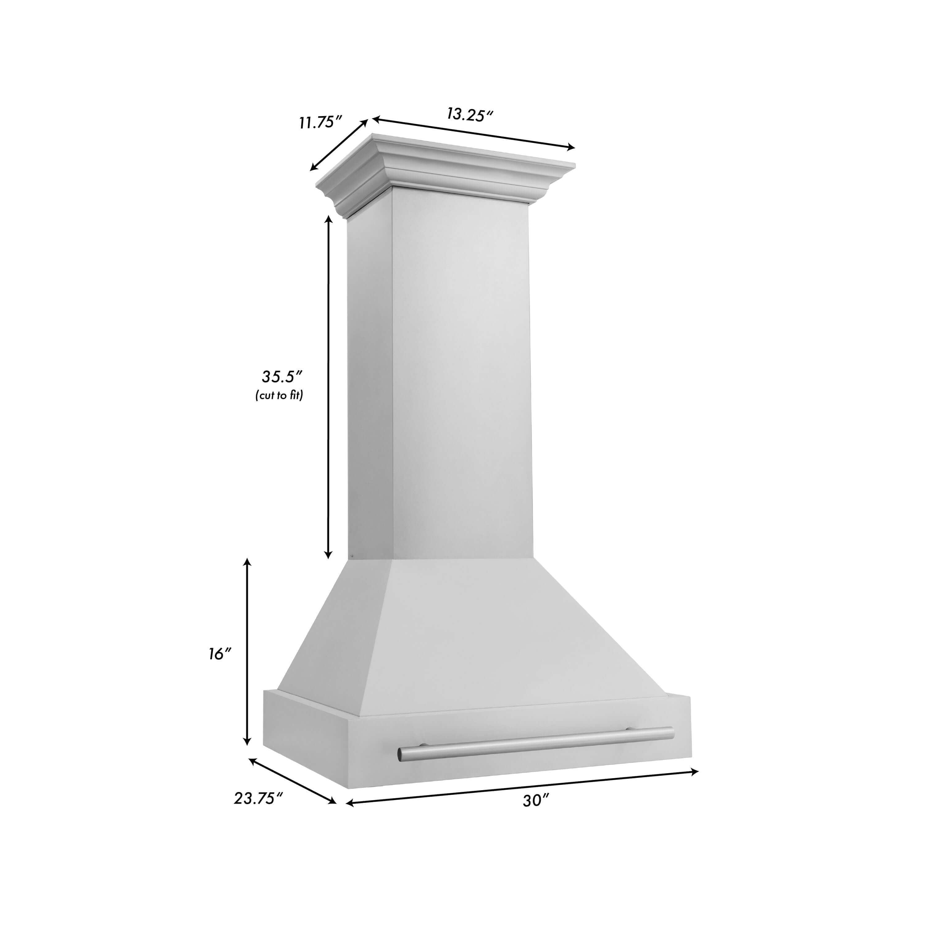 ZLINE 30 in. Stainless Steel Range Hood with Colored Shell Options and Stainless Steel Handle (8654STX-30) dimensional diagram and measurements.