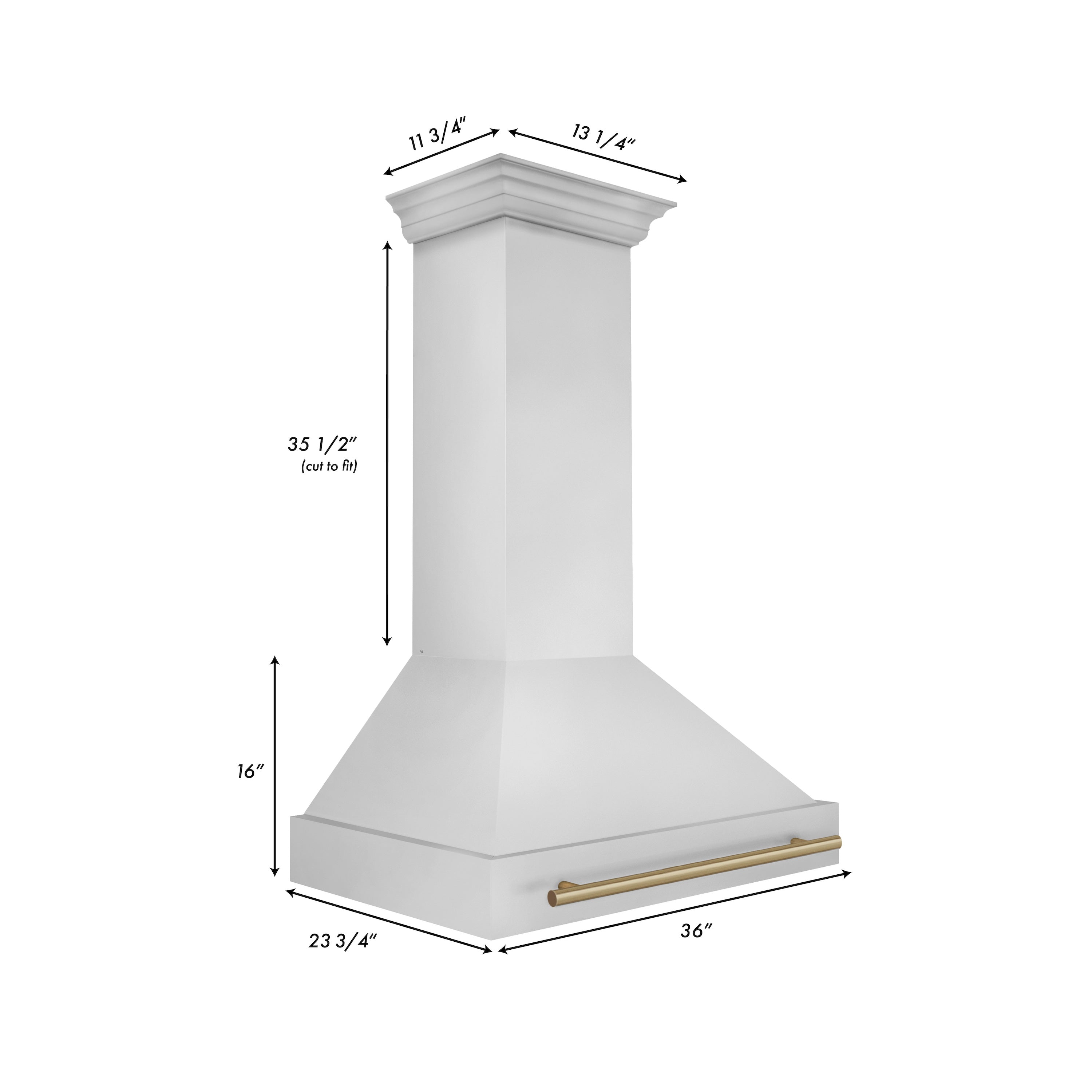 ZLINE Autograph Edition 36 in. Stainless Steel Range Hood with Champagne Bronze Handle dimensions.