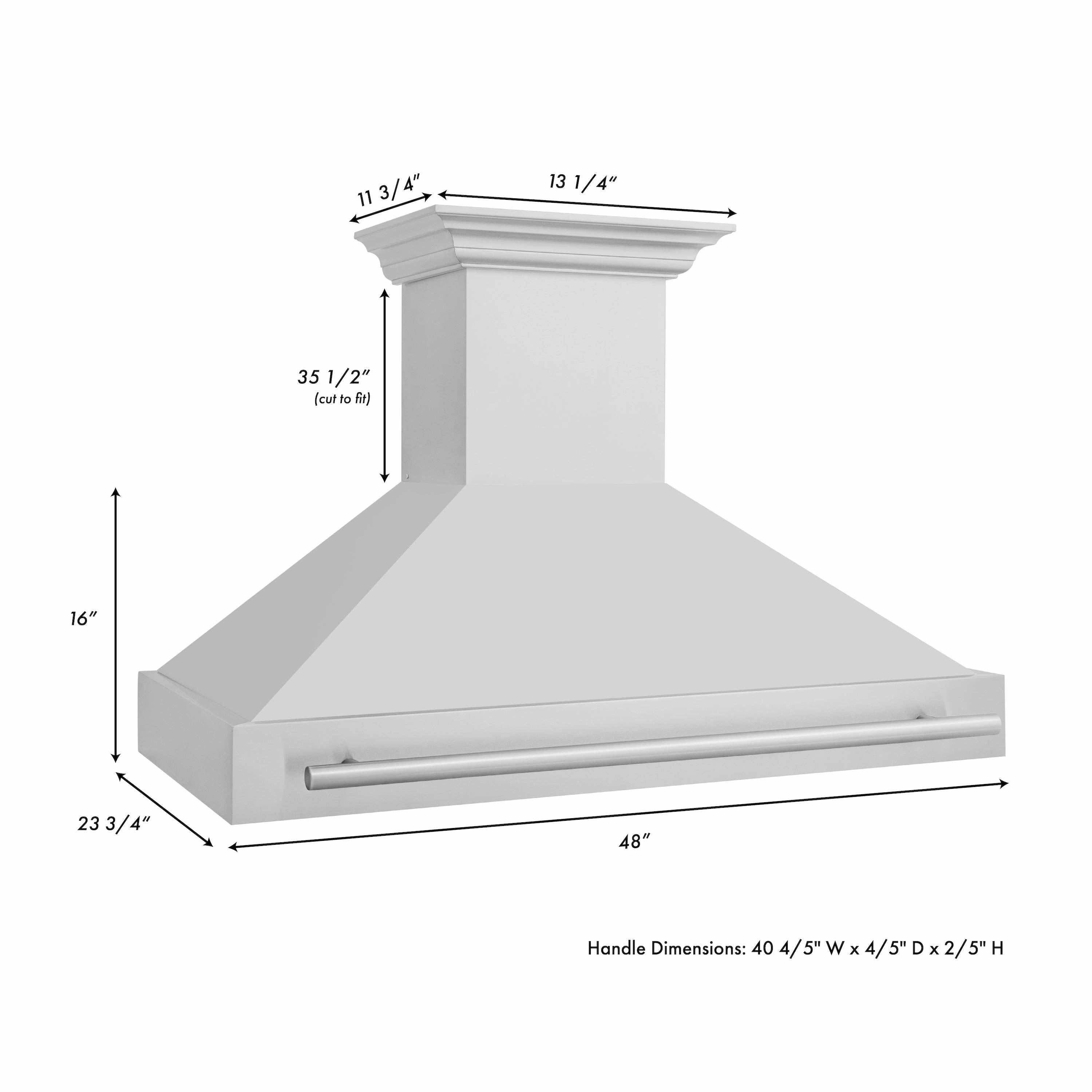 ZLINE 48 in. Stainless Steel Range Hood with Stainless Steel Handle (8654STX-48) dimensional diagram and measurements.