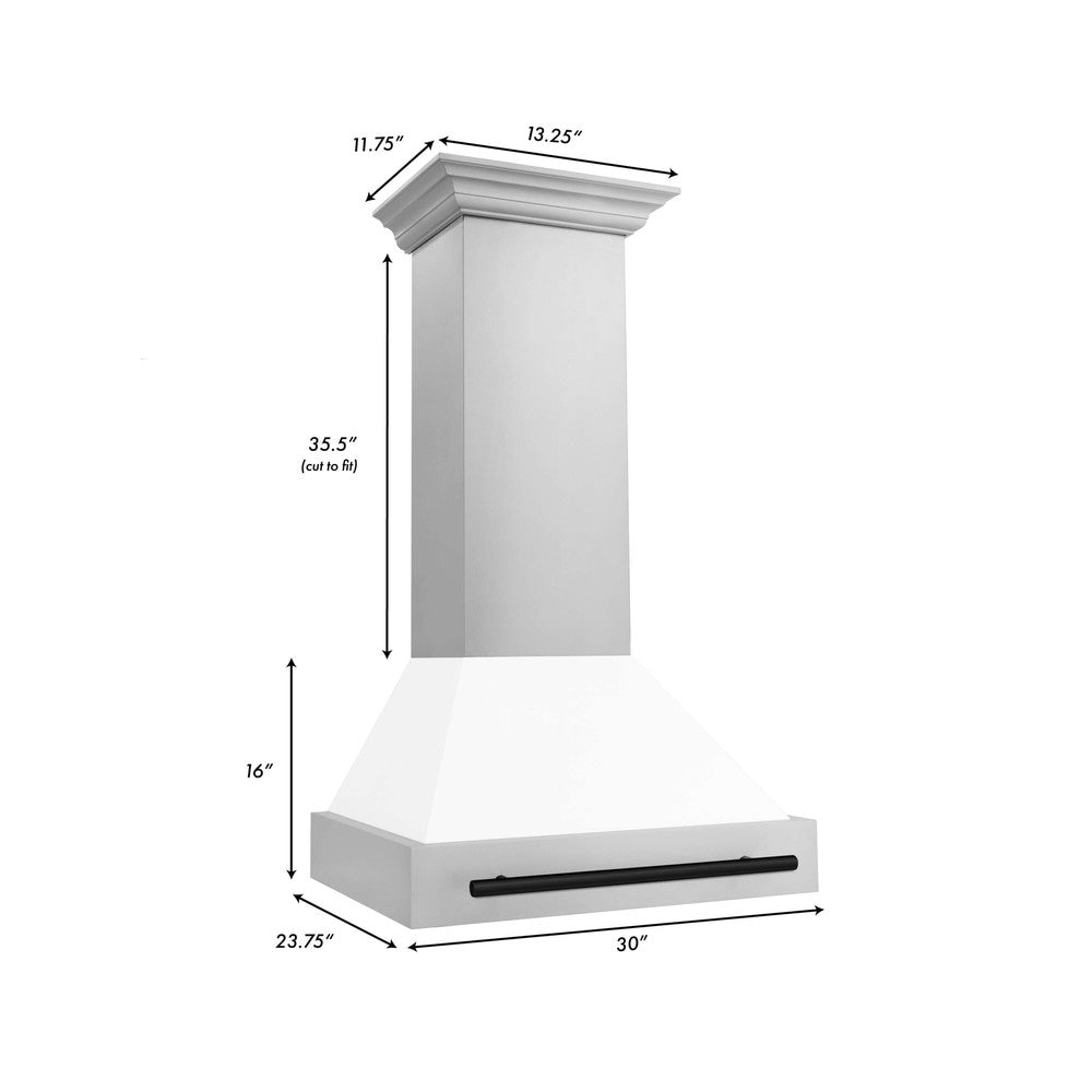 ZLINE Autograph Edition 30 in. Stainless Steel Range Hood with White Matte Shell and Accents (8654STZ-WM30) dimensional diagram and measurements.