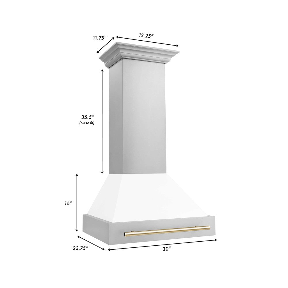 ZLINE Autograph Edition 30 in. Stainless Steel Range Hood with White Matte Shell and Accents (8654STZ-WM30) dimensional diagram and measurements.