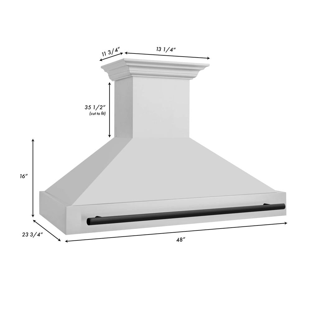 ZLINE Autograph Edition 48 in. Stainless Steel Range Hood with Stainless Steel Shell and Matte Black Handle (8654STZ-48-MB) dimensional diagram and measurements.