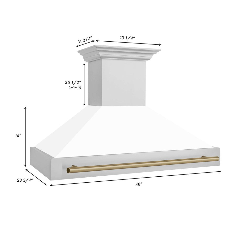 ZLINE Autograph Edition 48 in. Stainless Steel Range Hood with White Matte Shell and Handle (8654STZ-WM48) dimensional diagram and measurements.